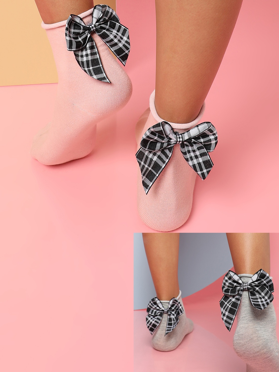 

HAUTE SAUCE by Campus Sutra Women Peach & Grey Pack Of 2 Bow Ankle Length Socks