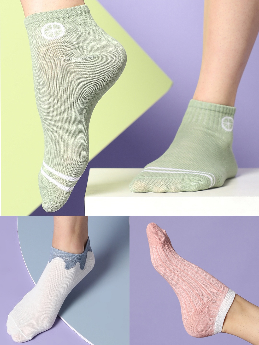 

HAUTE SAUCE by Campus Sutra Women Pack Of 3 Solid Ankle Length Socks, Green