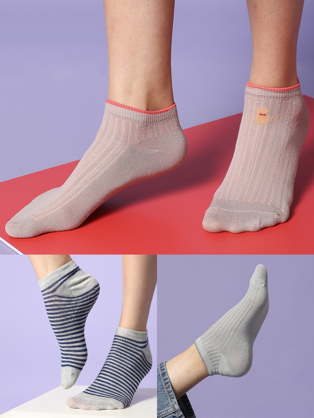 

HAUTE SAUCE by Campus Sutra Pack Of 3 Ankle Length Cotton Socks, Grey