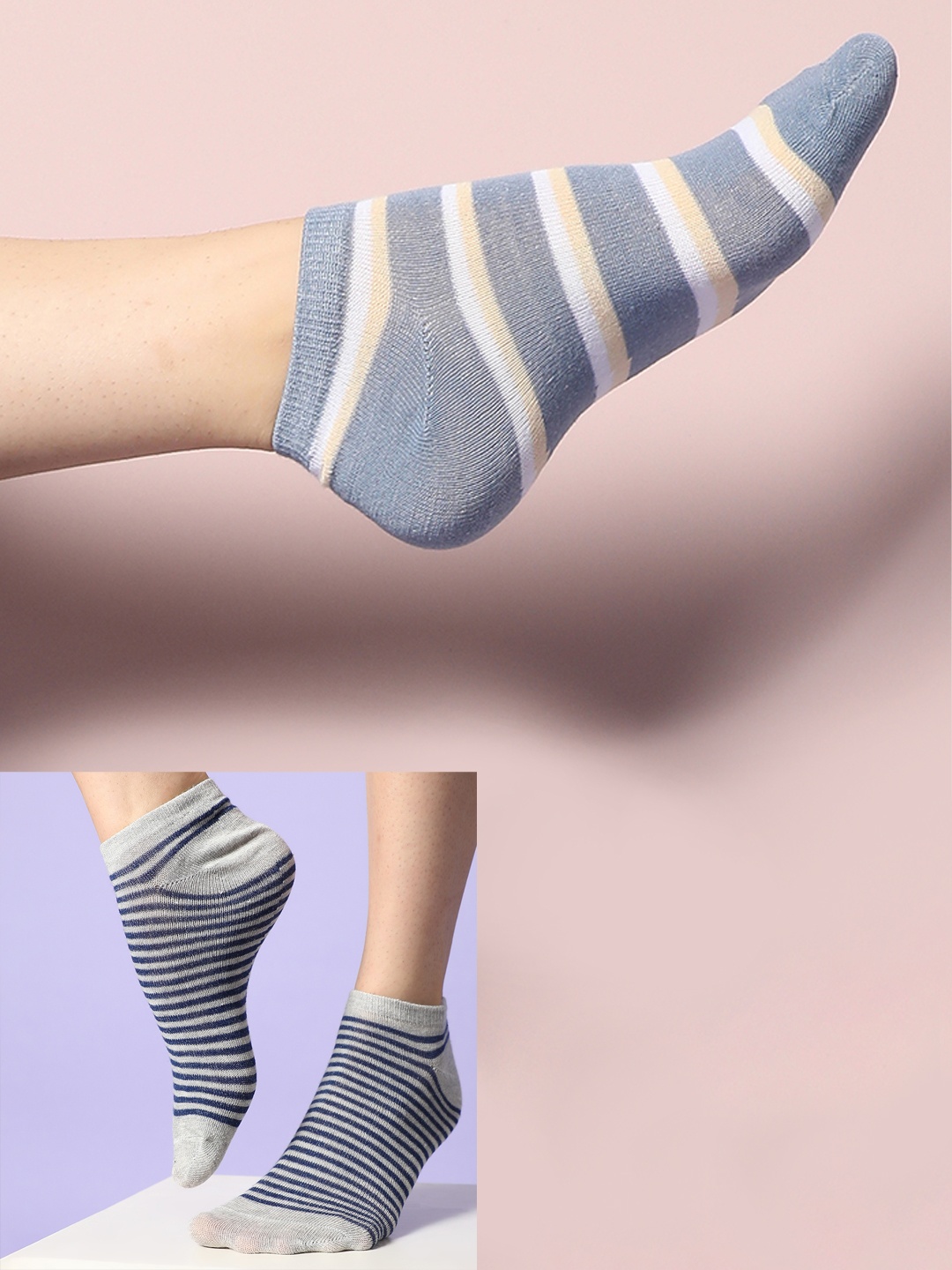

HAUTE SAUCE by Campus Sutra Women Pack Of 4 Striped Patterned Cotton Ankle-Length Socks, Grey