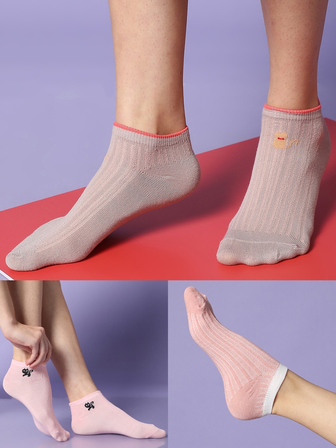 

HAUTE SAUCE by Campus Sutra Pink & Grey Pack Of 3 Ankle Length Socks
