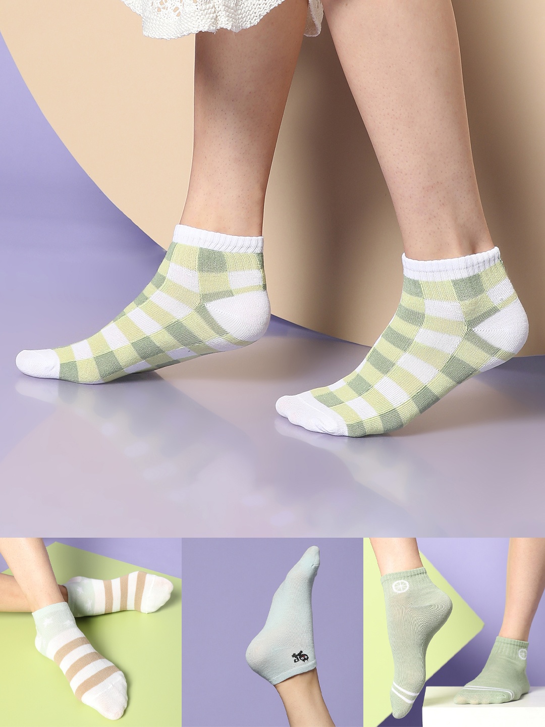 

HAUTE SAUCE by Campus Sutra Women Pack Of 4 Green Patterned Ankle Length Cotton Socks