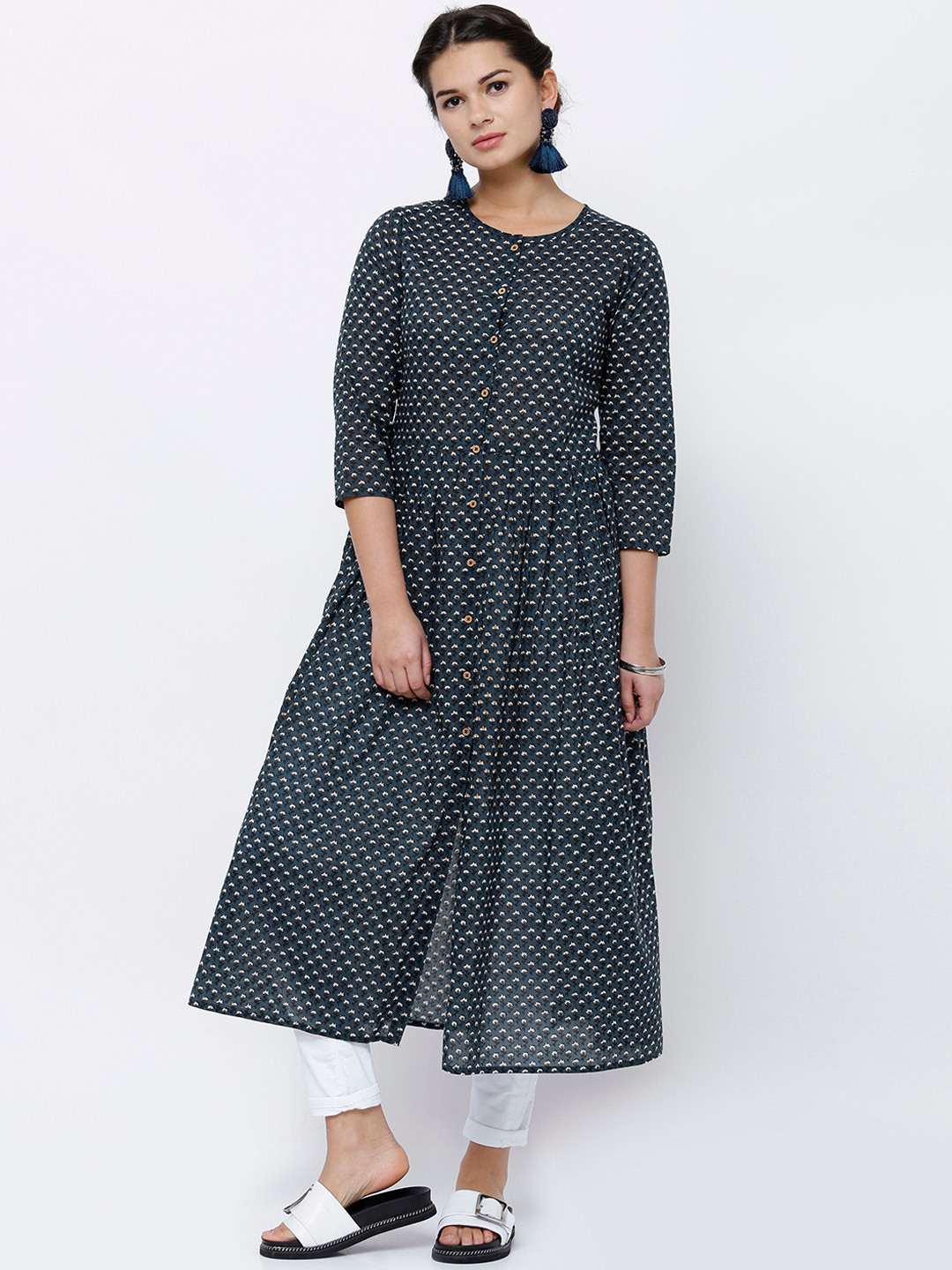 

Vishudh Women Teal Blue Printed A-Line Kurta