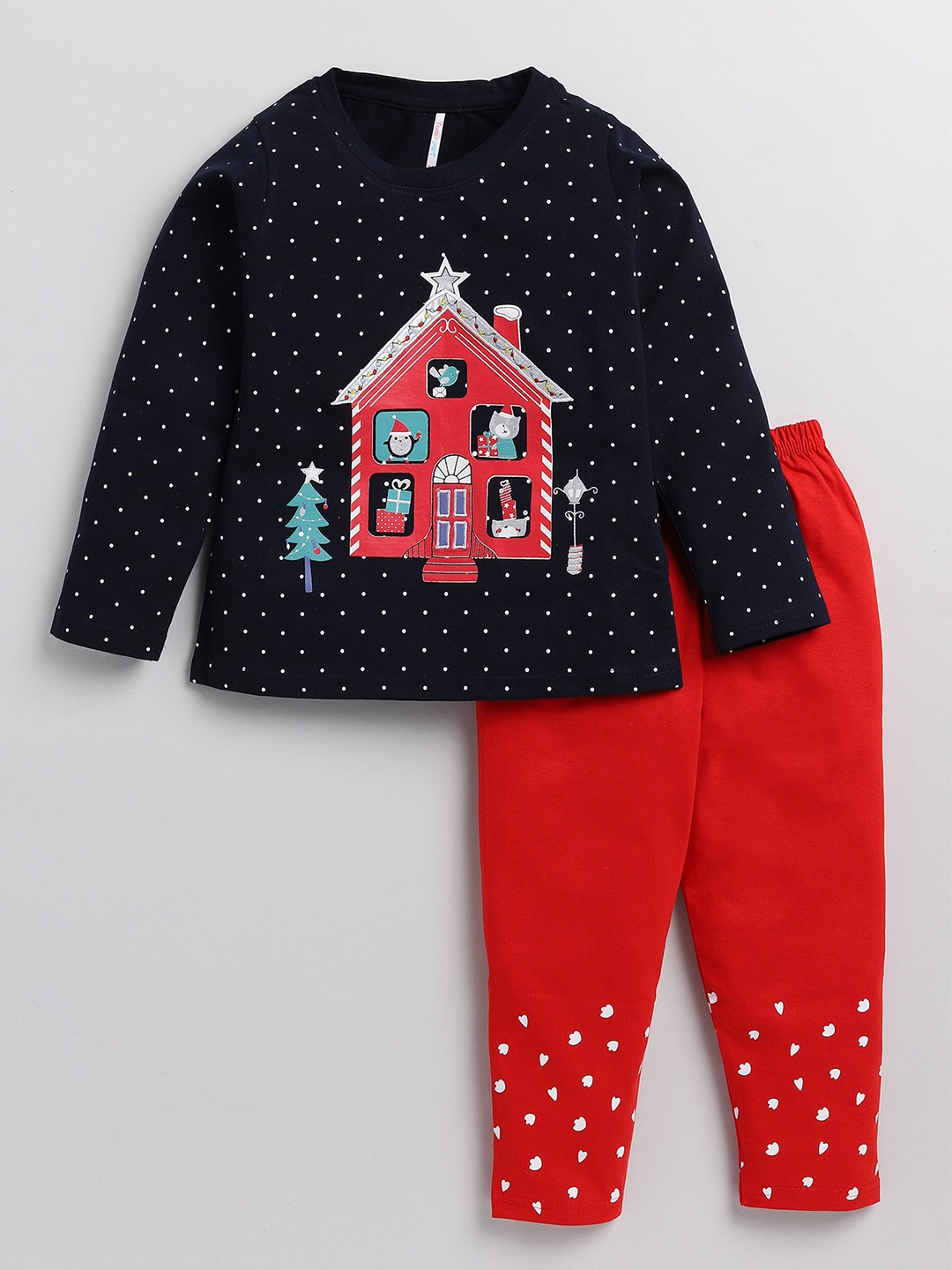 

Toonyport Girls Navy Blue & Red Printed Pure Cotton Top with Trousers
