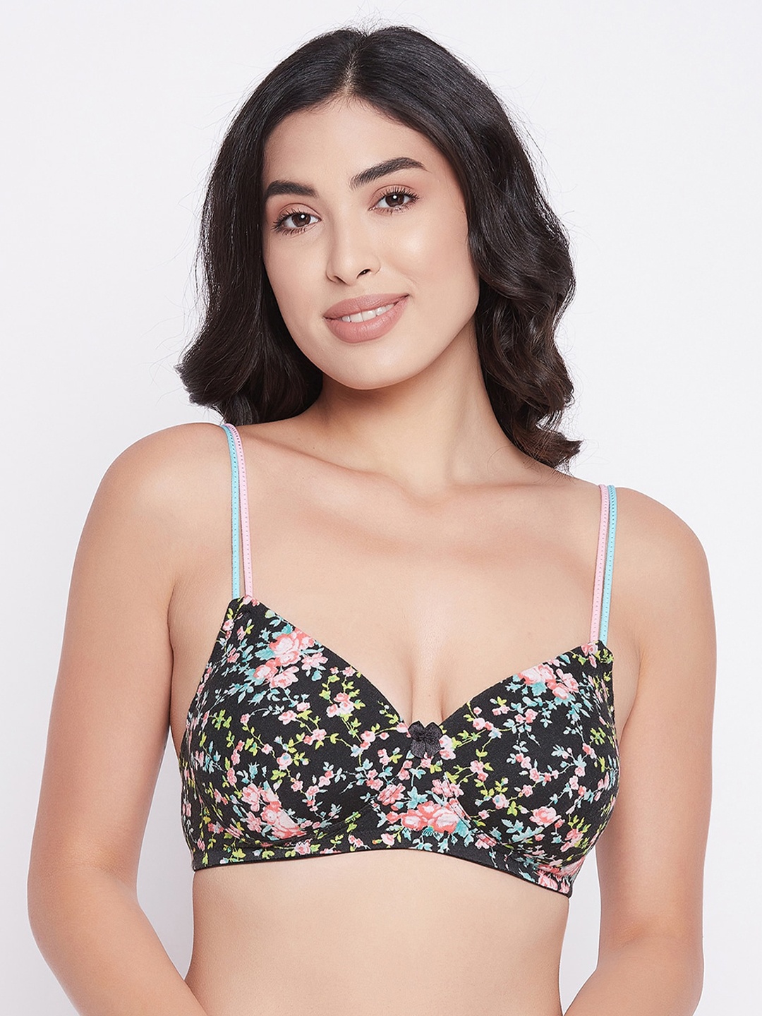 

Clovia Black & Pink Floral Lightly Padded & Non-Wired Bra