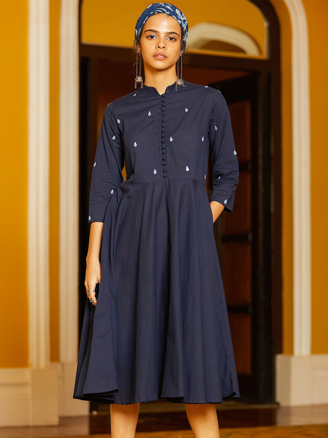 

OKHAI Navy Blue Ethnic Motifs Embroidered Pure Cotton Dress