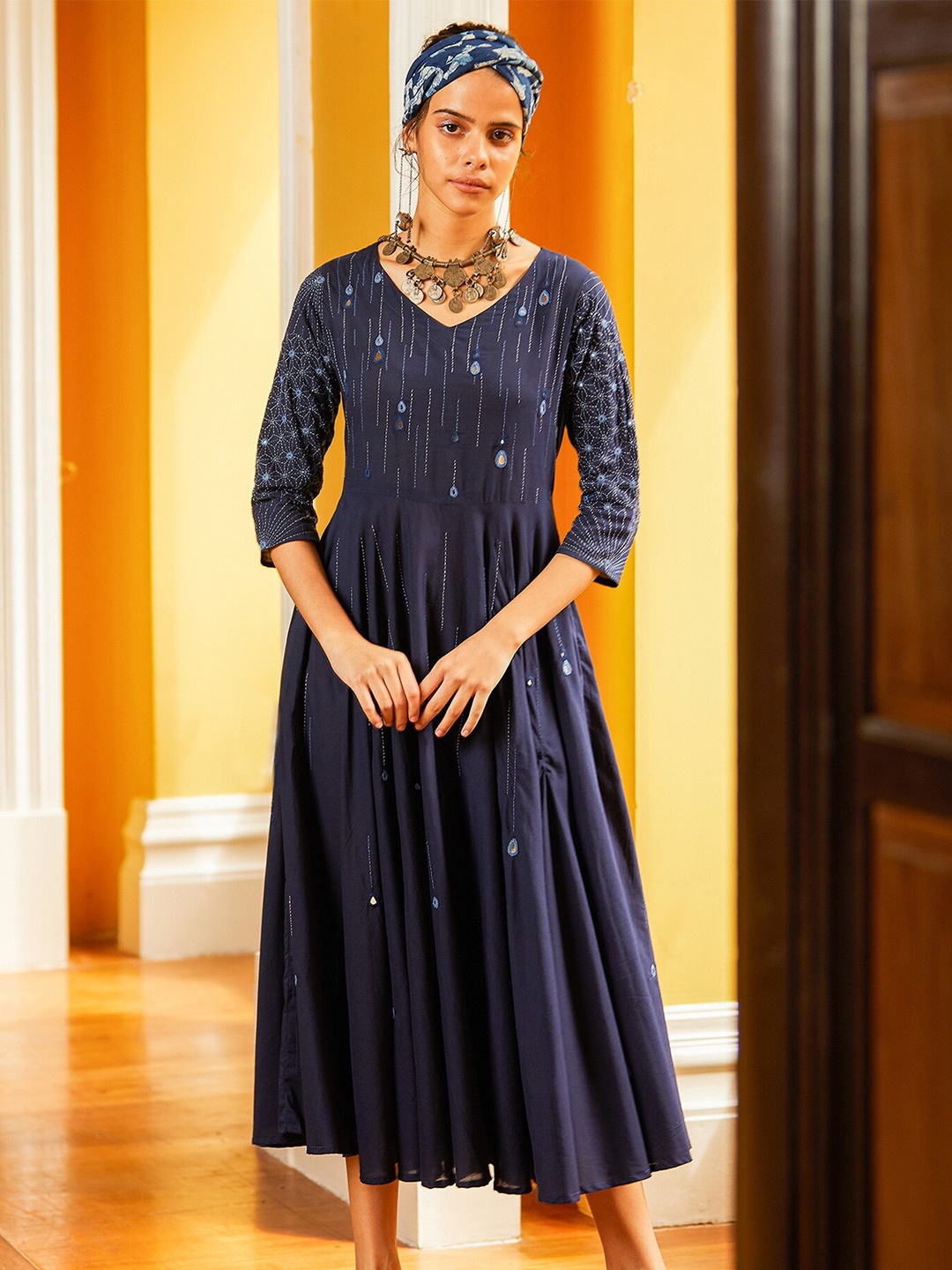 

OKHAI Navy Blue Embellished Cotton Dress