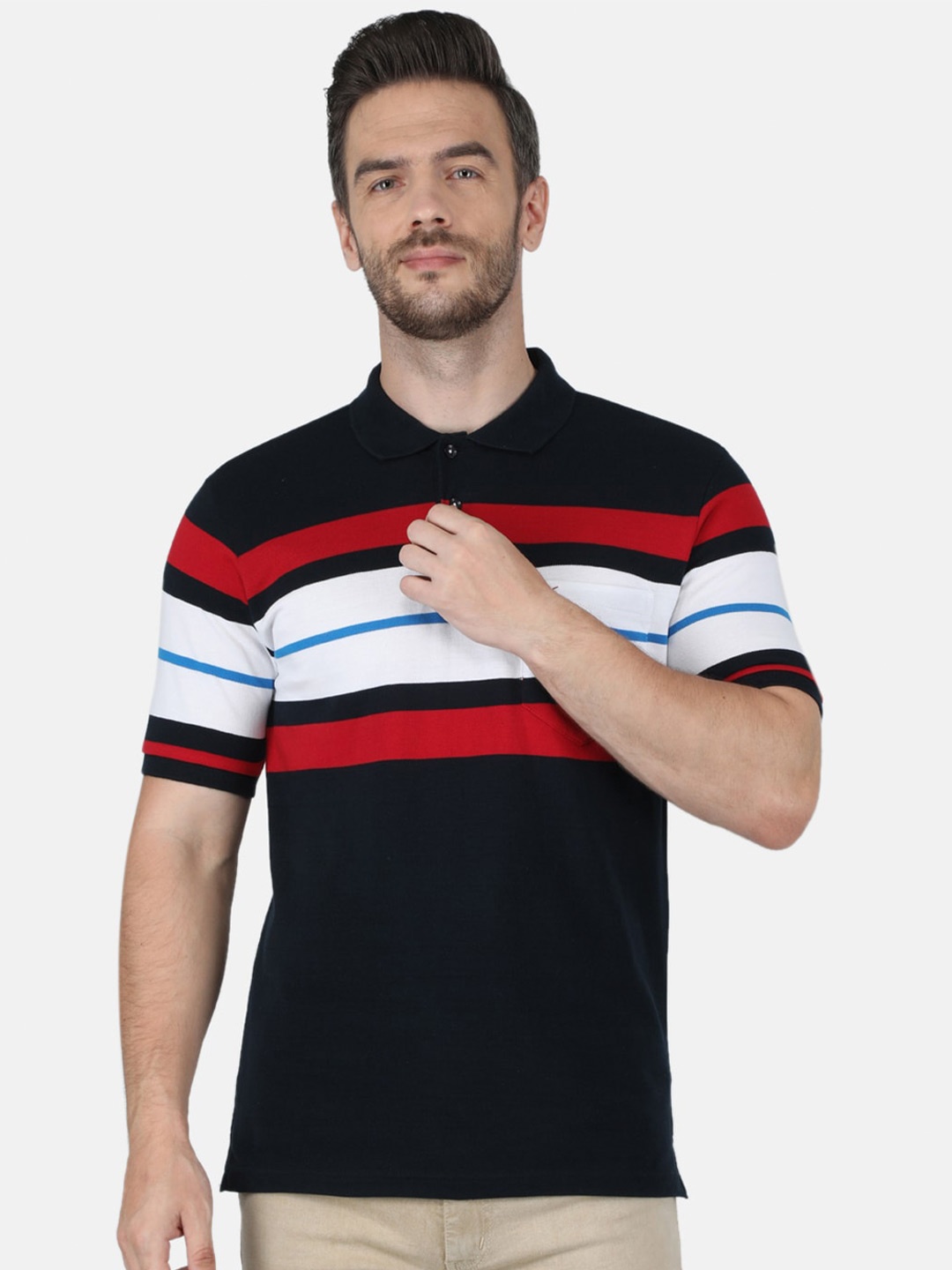 

Monte Carlo Men Navy Blue & White Striped Cotton Polo Collar T-shirt
