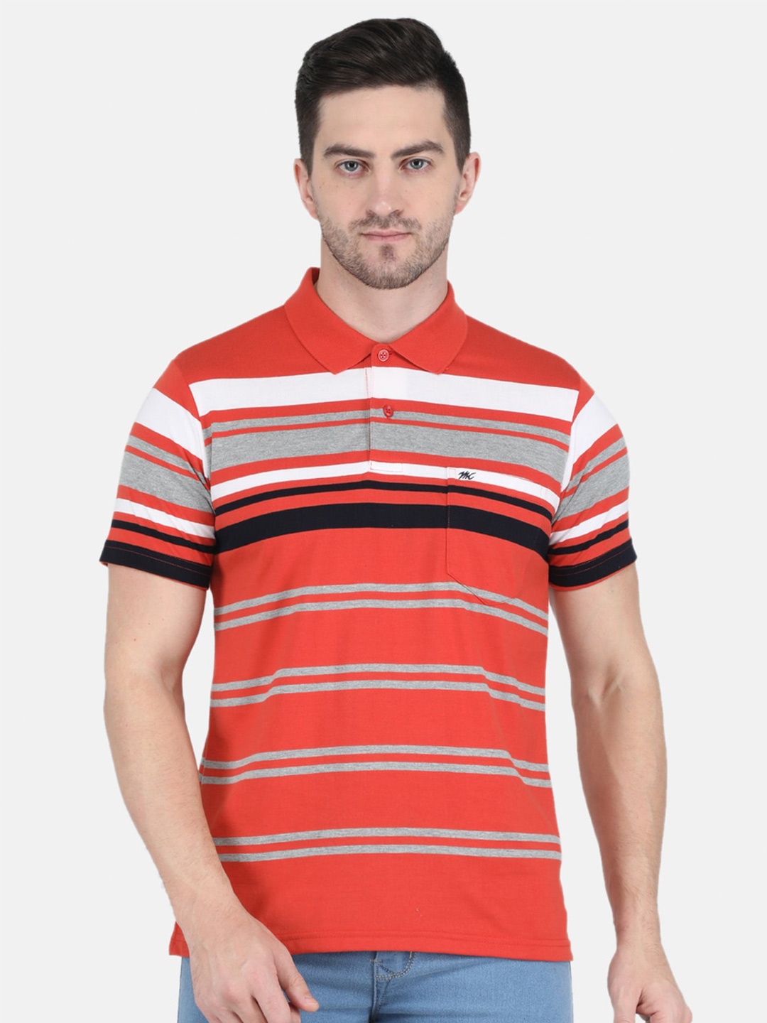 

Monte Carlo Men Red & White Striped Cotton Polo Collar T-shirt