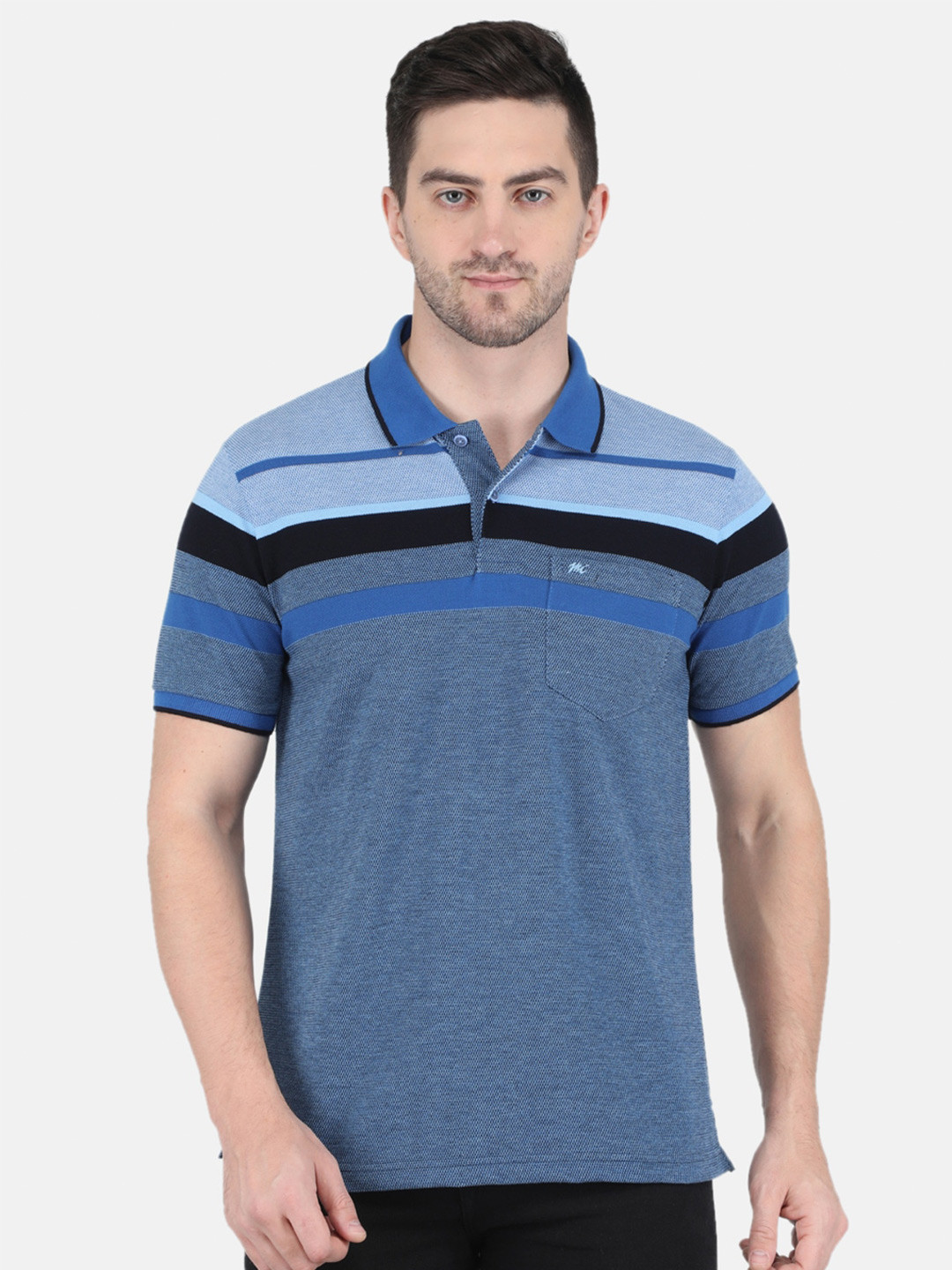 

Monte Carlo Men Blue Striped Cotton Polo Collar T-shirt
