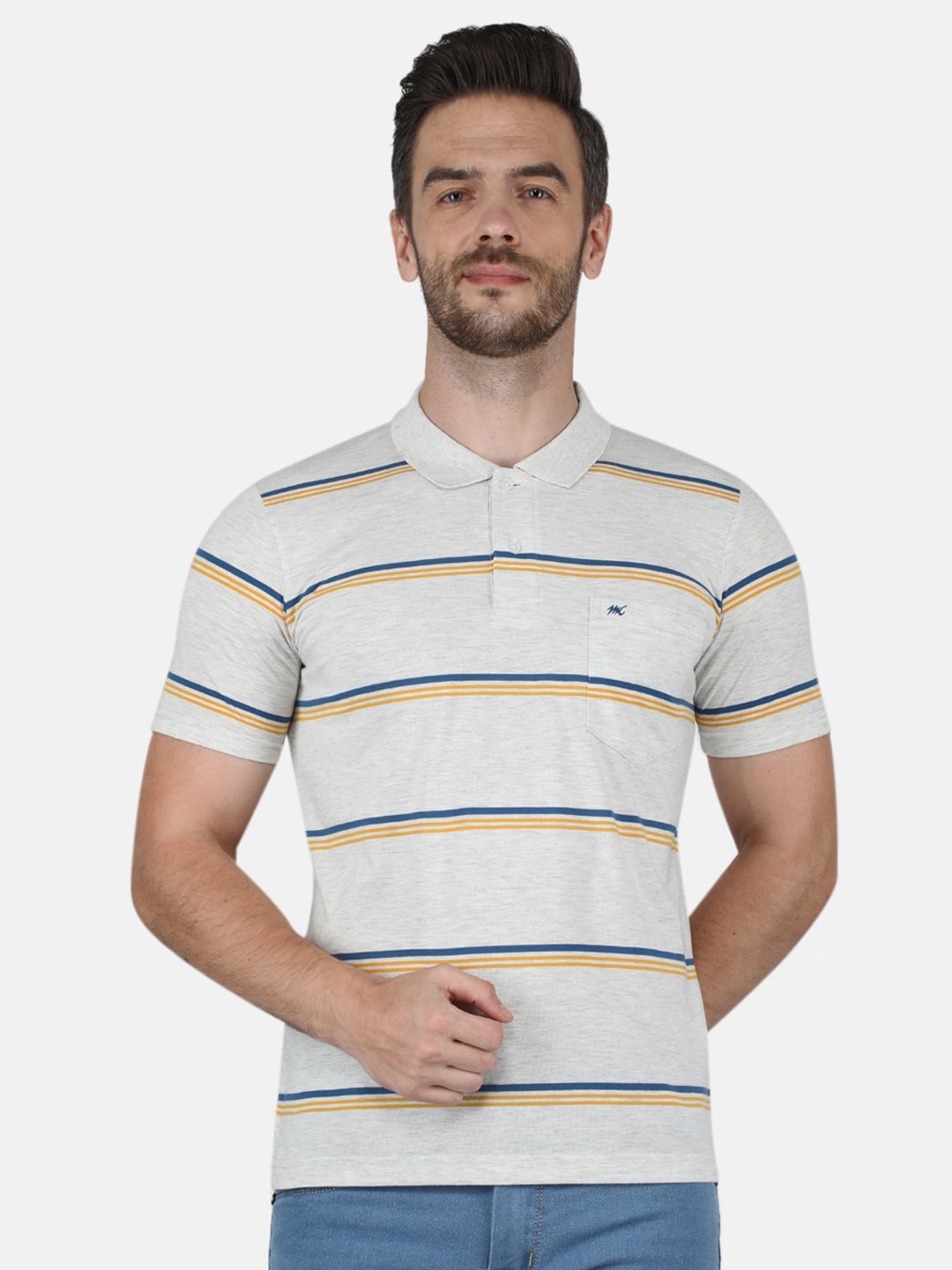 

Monte Carlo Men Grey & Blue Striped Polo Collar T-shirt