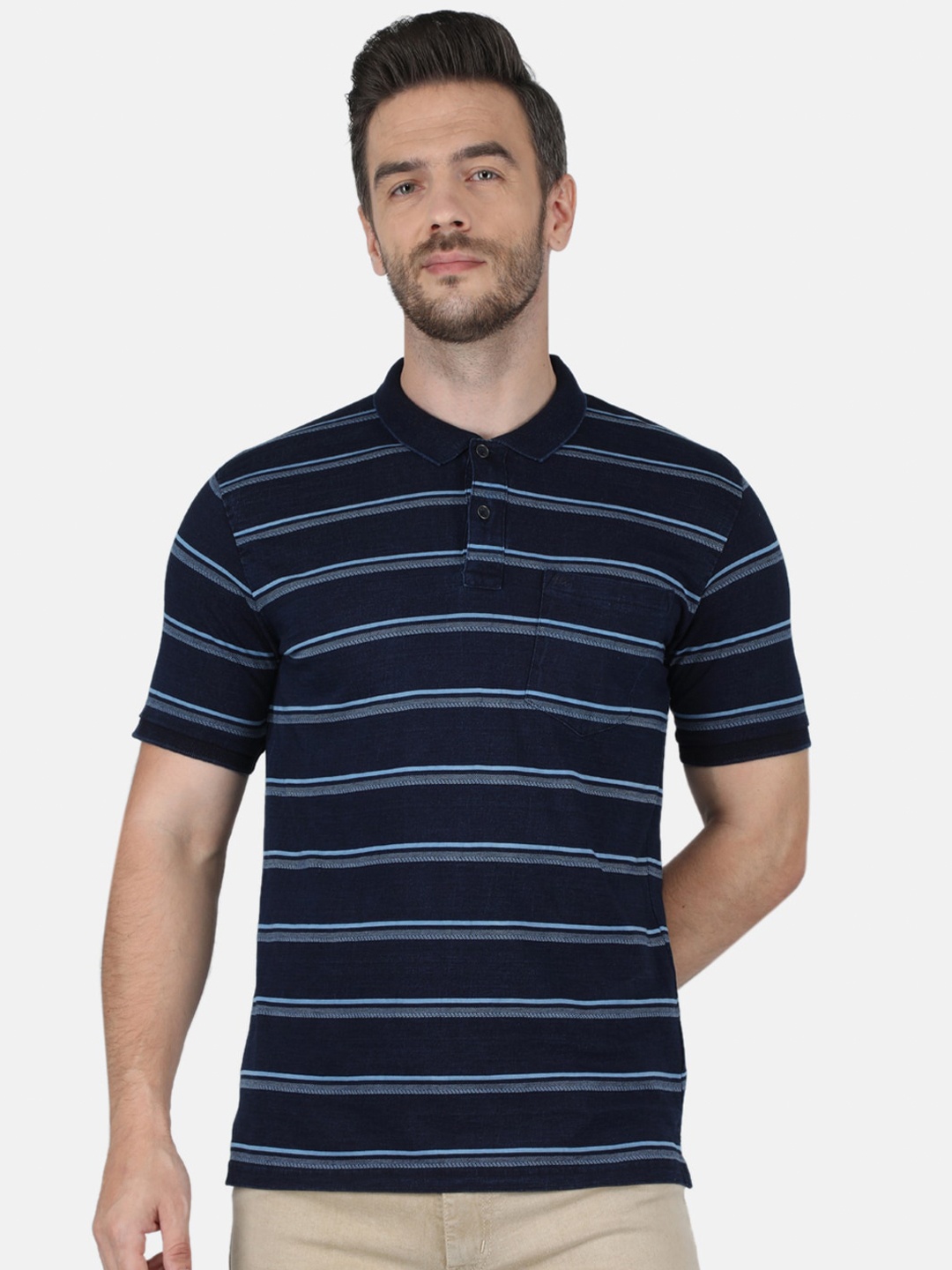 

Monte Carlo Men Navy Blue Striped Polo Collar Cotton T-shirt