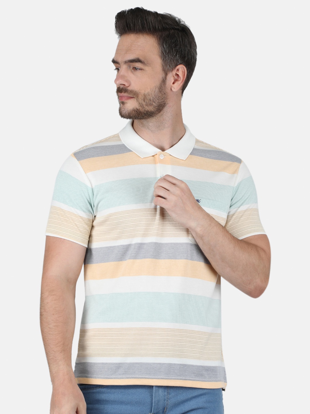 

Monte Carlo Men Off White & Green Striped Polo Collar T-shirt