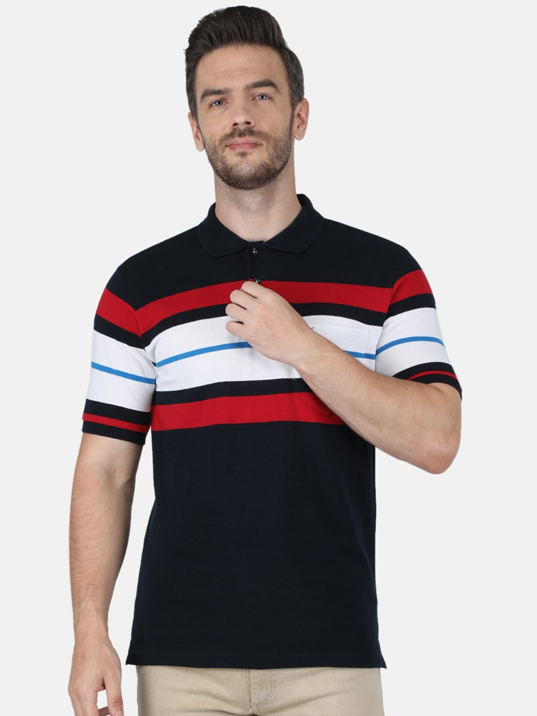 

Monte Carlo Men Navy Blue & Red Striped Polo Collar T-shirt