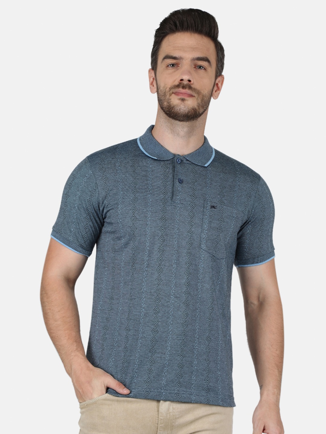 

Monte Carlo Men Blue Printed Polo Collar T-shirt