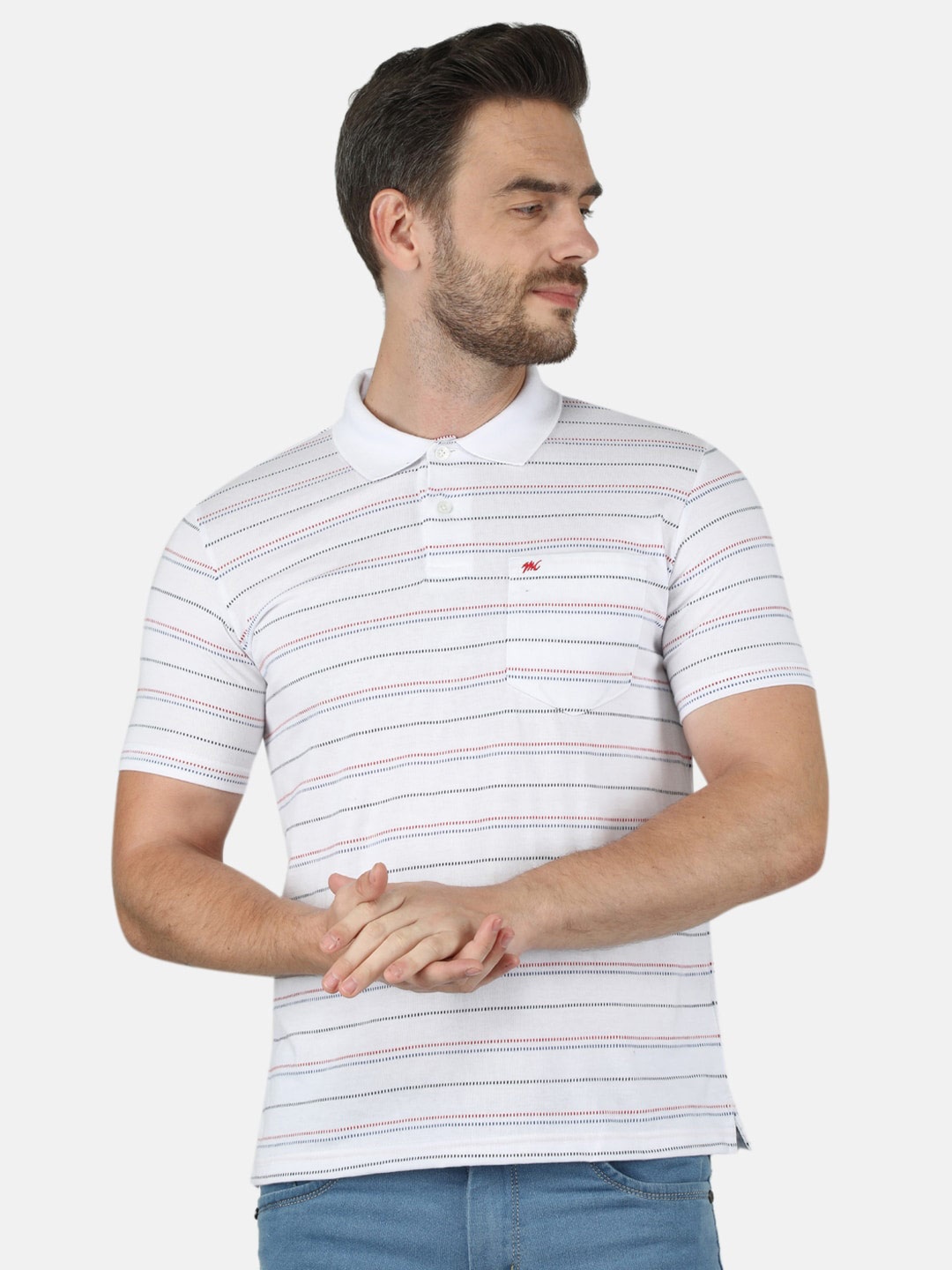 

Monte Carlo Men White Striped Polo Collar T-shirt