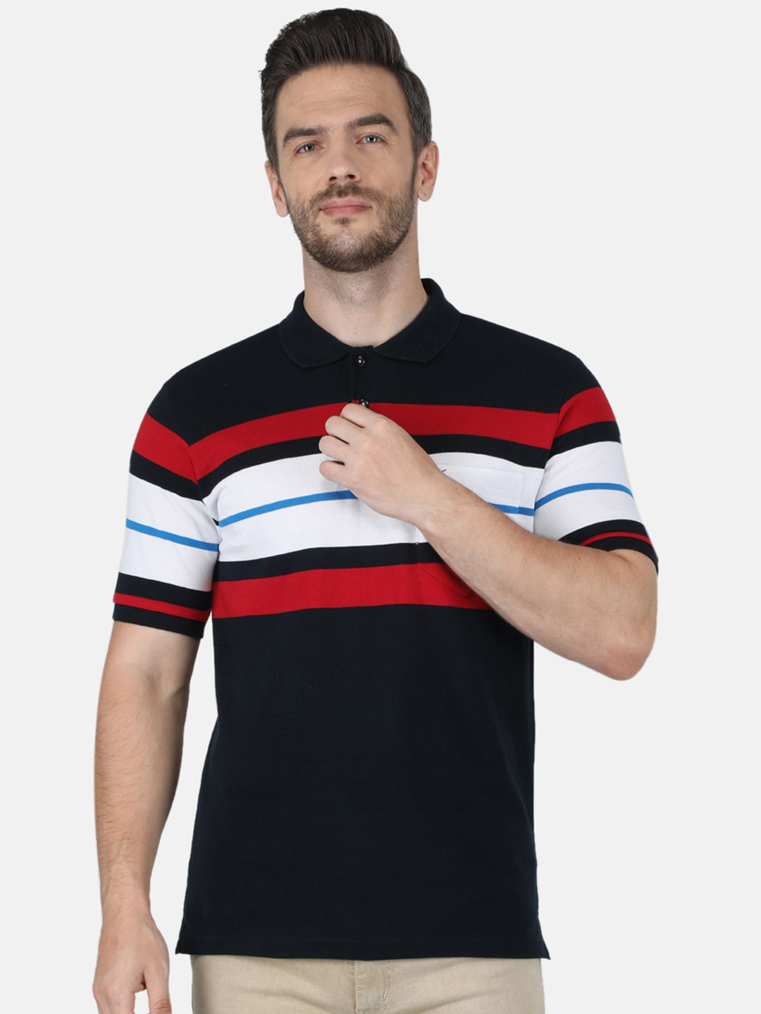 

Monte Carlo Men Navy Blue Striped Polo Collar T-shirt