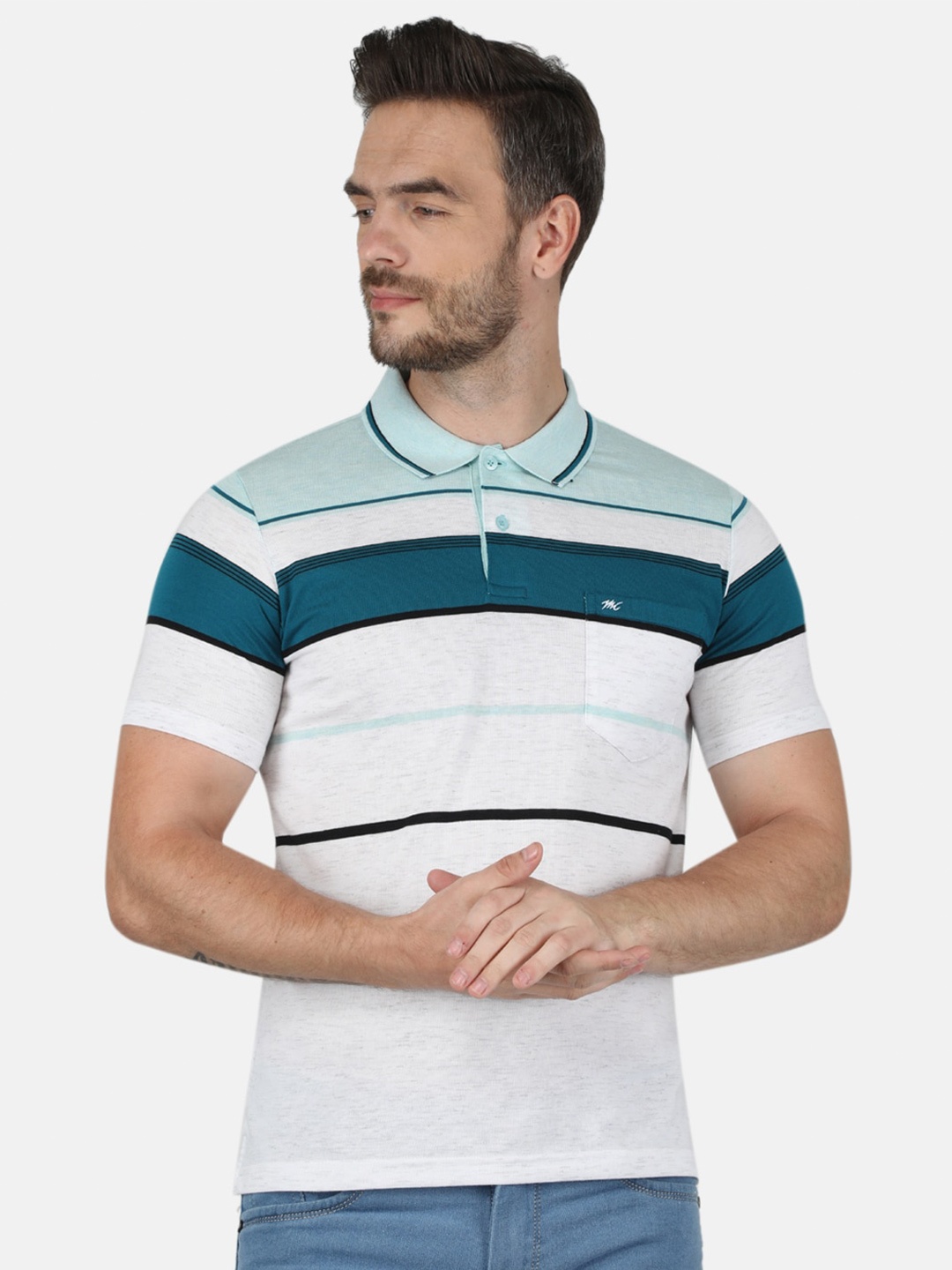 

Monte Carlo Men Blue & White Striped Polo Collar T-shirt