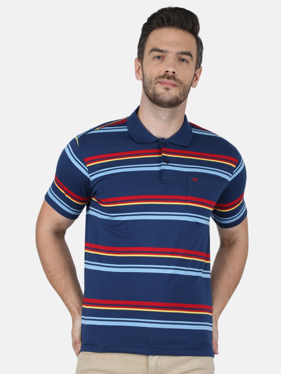 

Monte Carlo Men Blue & Red Striped Polo Collar Cotton T-shirt