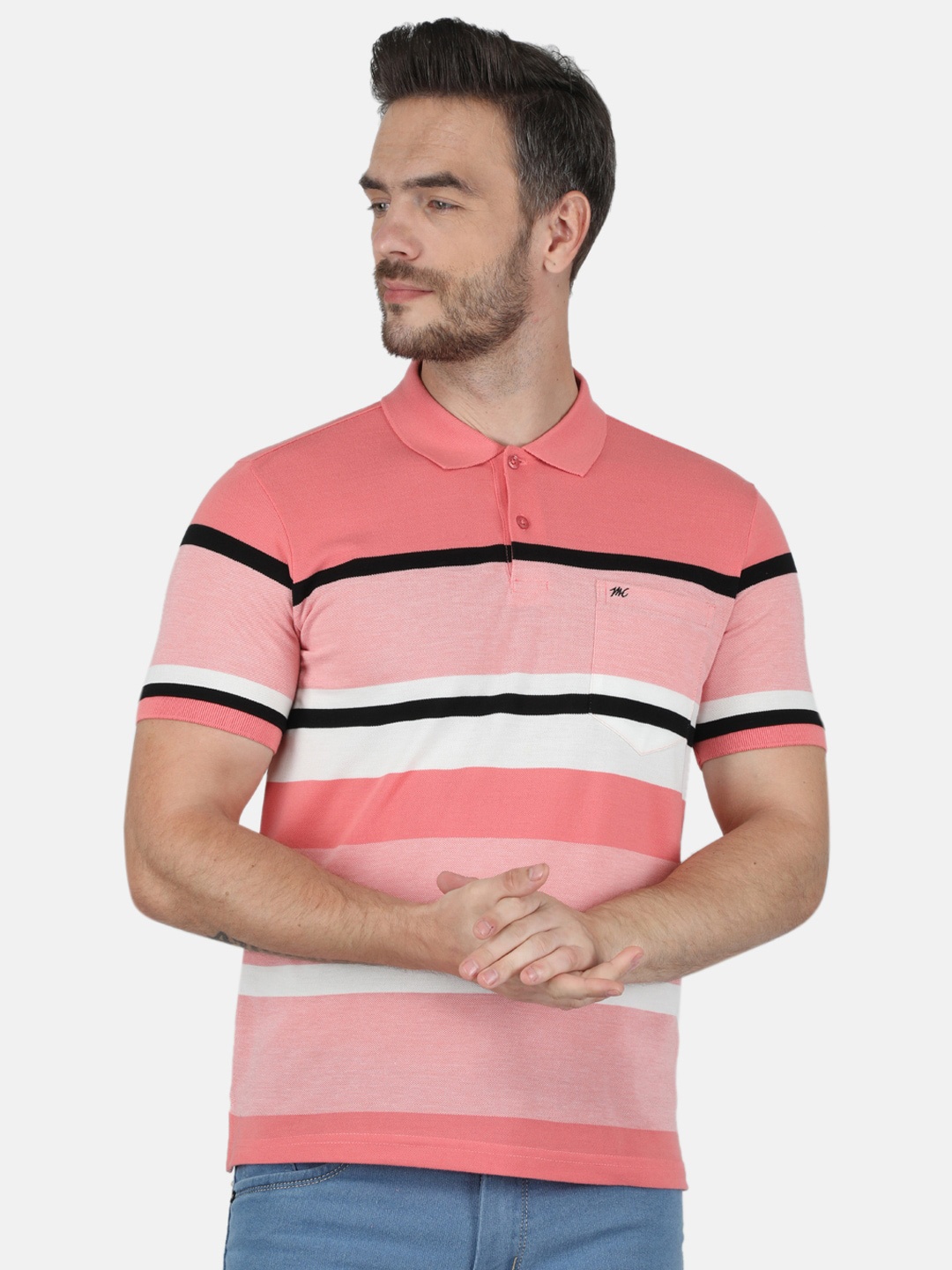 

Monte Carlo Men Plus Size Pink & Black Striped Polo Collar Cotton T-shirt