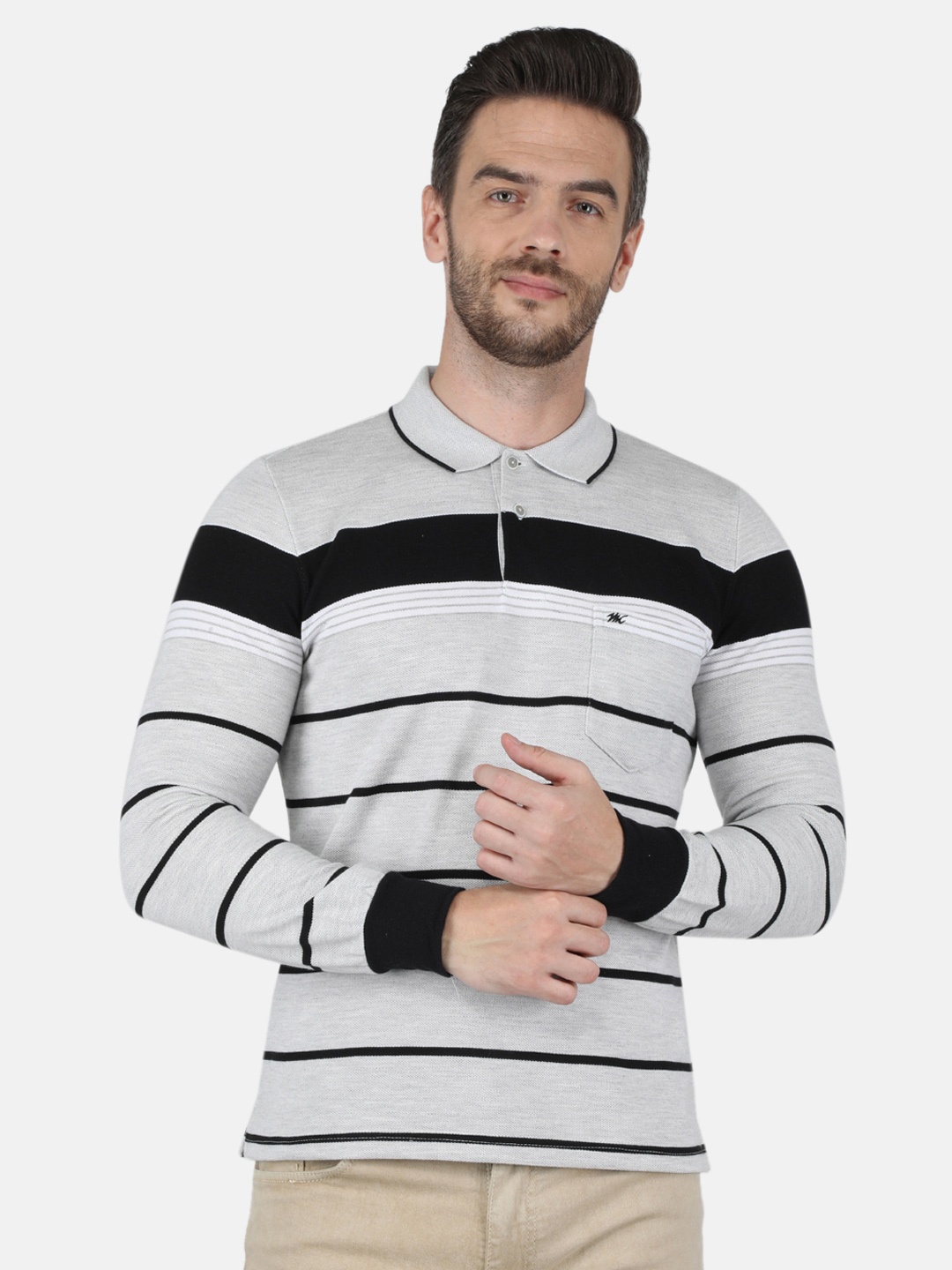 

Monte Carlo Men Plus Size Grey & Black Striped Polo Collar Cotton T-shirt