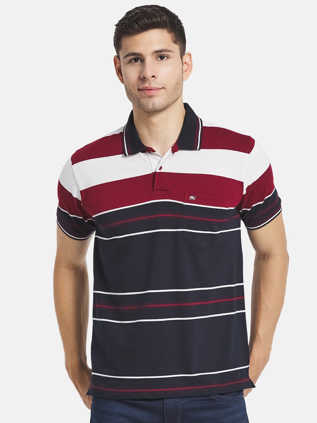 

Monte Carlo Men Plus Size Navy Blue & Red Striped Polo Collar Cotton T-shirt