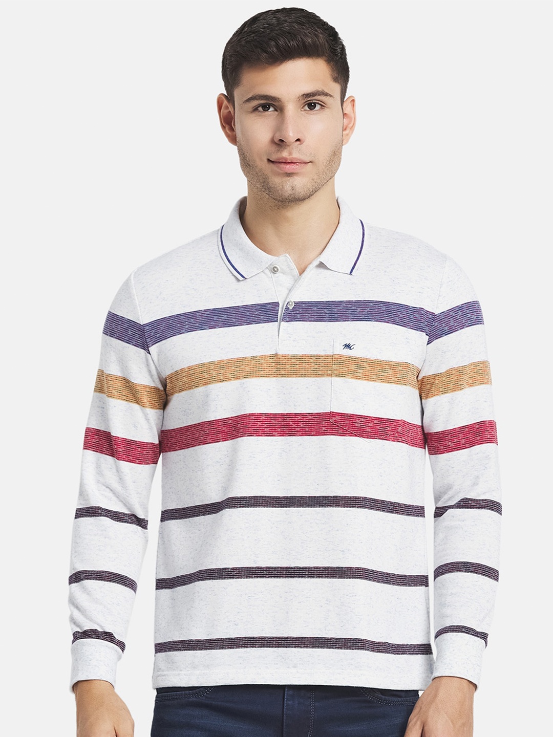 

Monte Carlo Men White & Blue Striped Polo Collar Cotton T-shirt