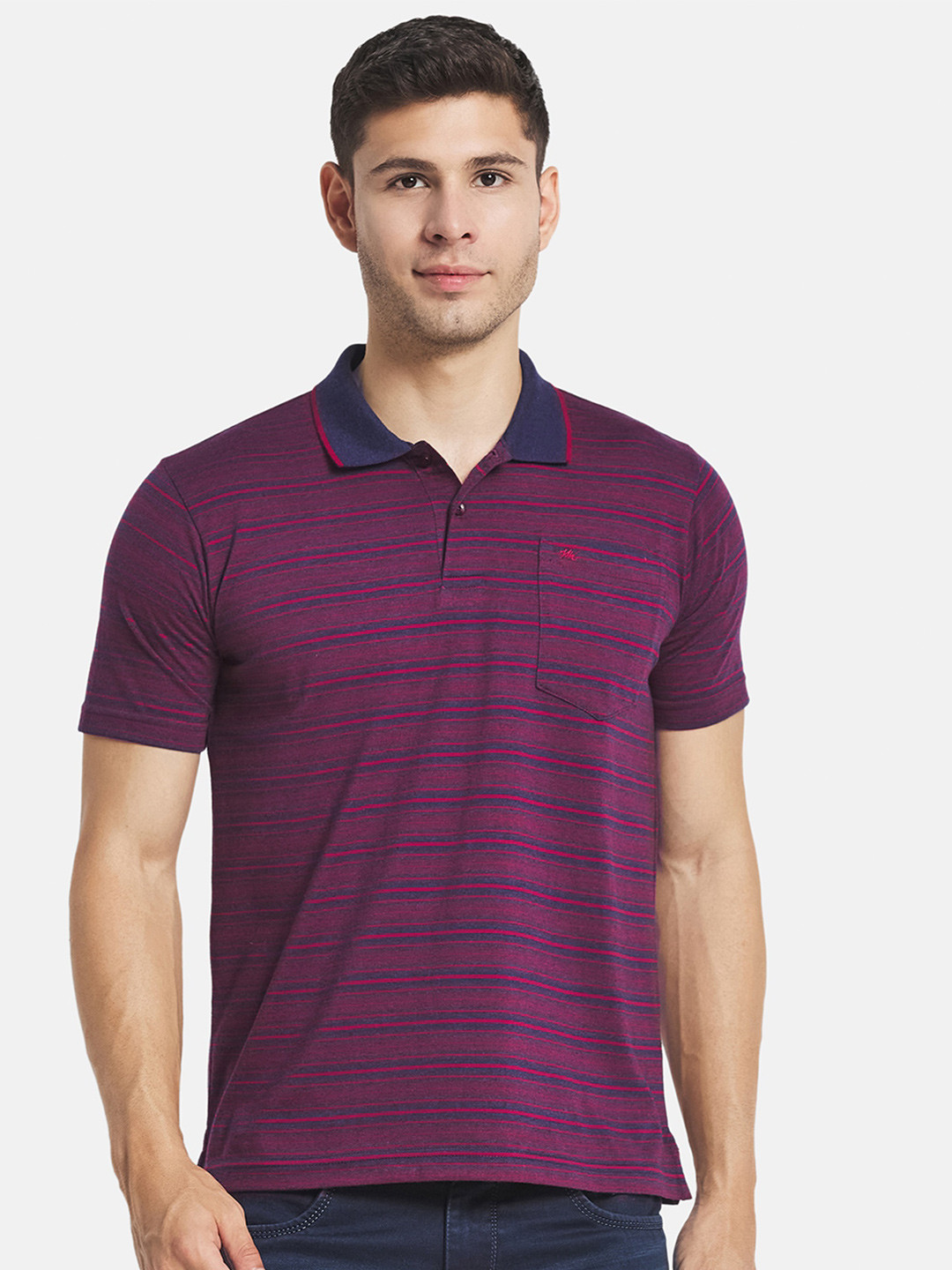 

Monte Carlo Men Brown & Navy Blue Striped Polo Collar Cotton T-shirt