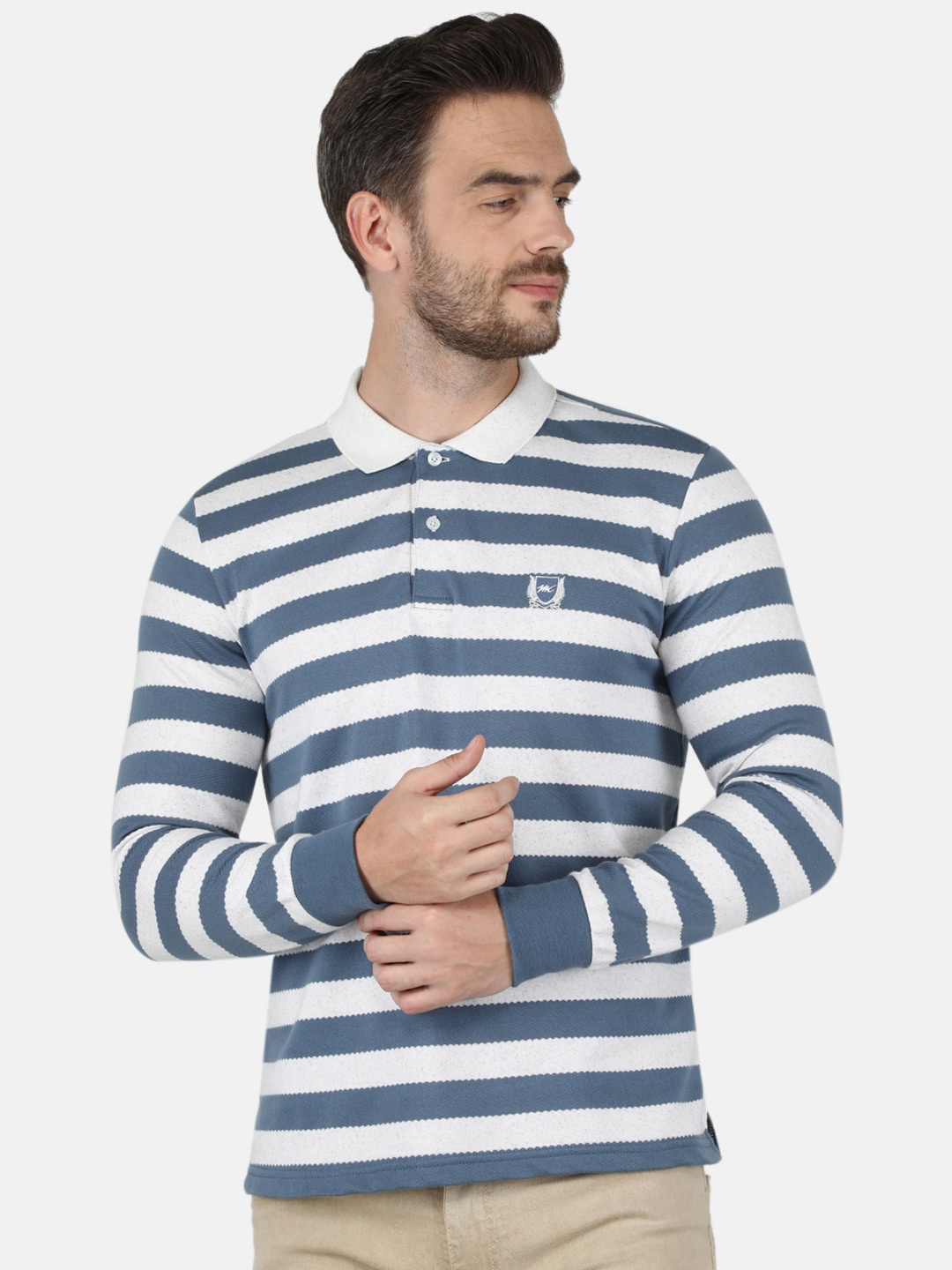 

Monte Carlo Men Off White & Blue Striped Polo Collar Cotton T-shirt