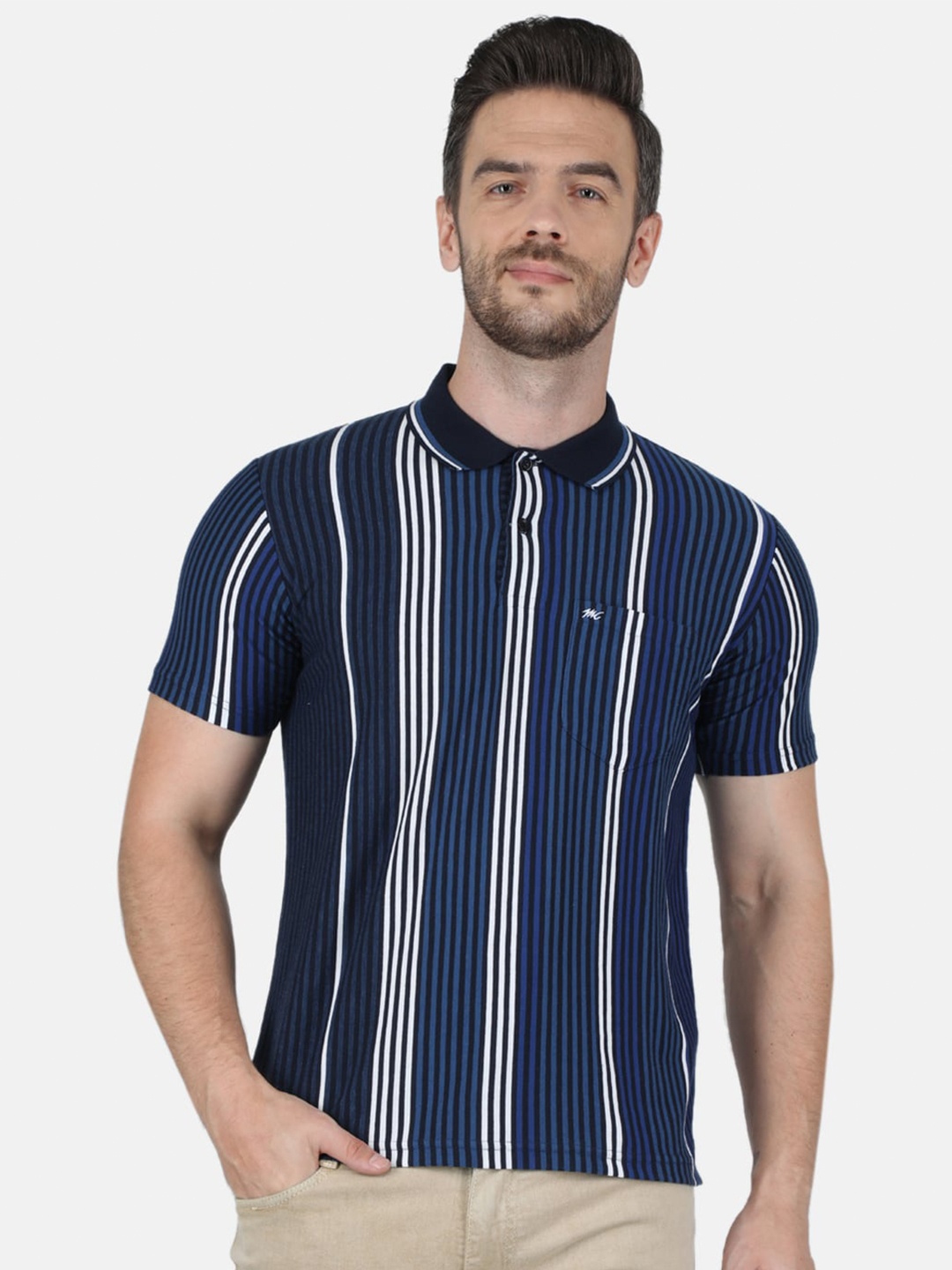 

Monte Carlo Men Navy Blue & White Striped Cotton T- Shirt