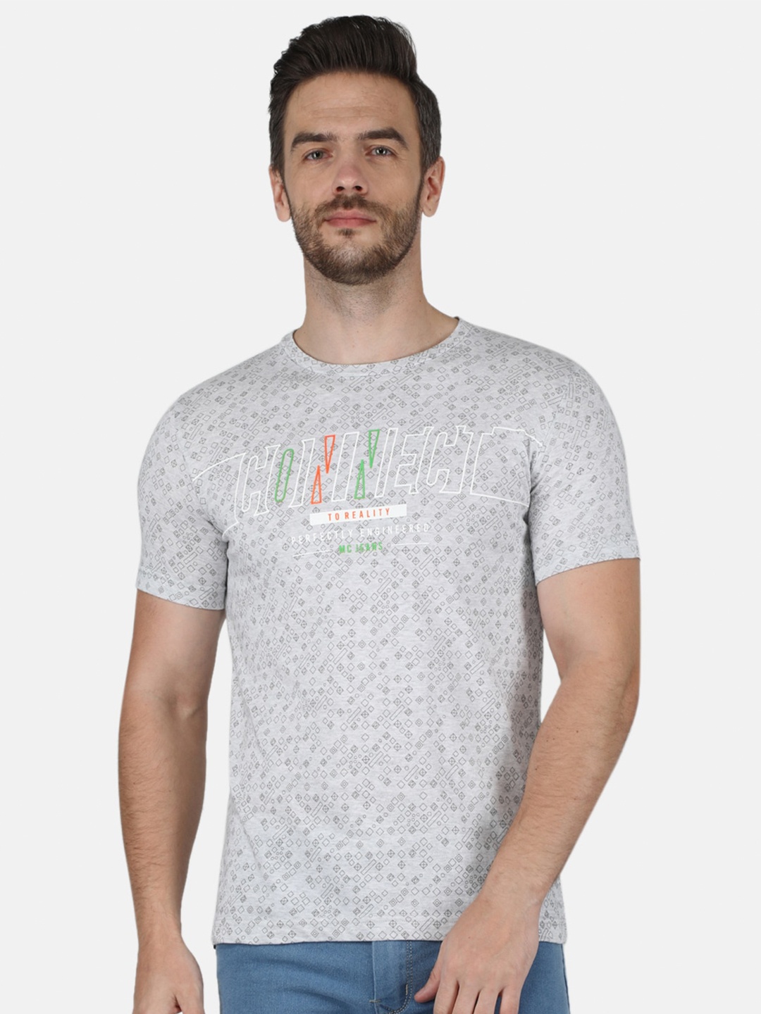 Monte Carlo Men Grey & White Typography Printed Slim Fit T-shirt