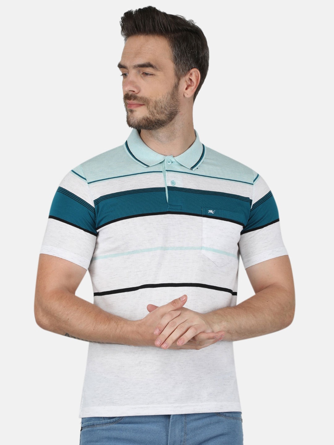 

Monte Carlo Men Off White & Blue Striped Polo Collar Cotton T-shirt