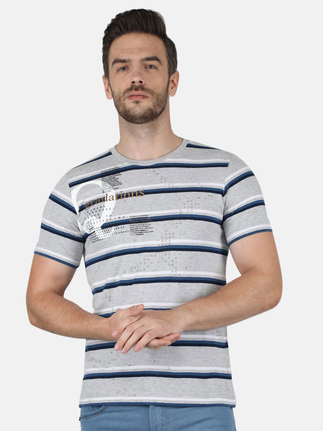 

Monte Carlo Men Grey Striped Slim Fit Cotton T-shirt