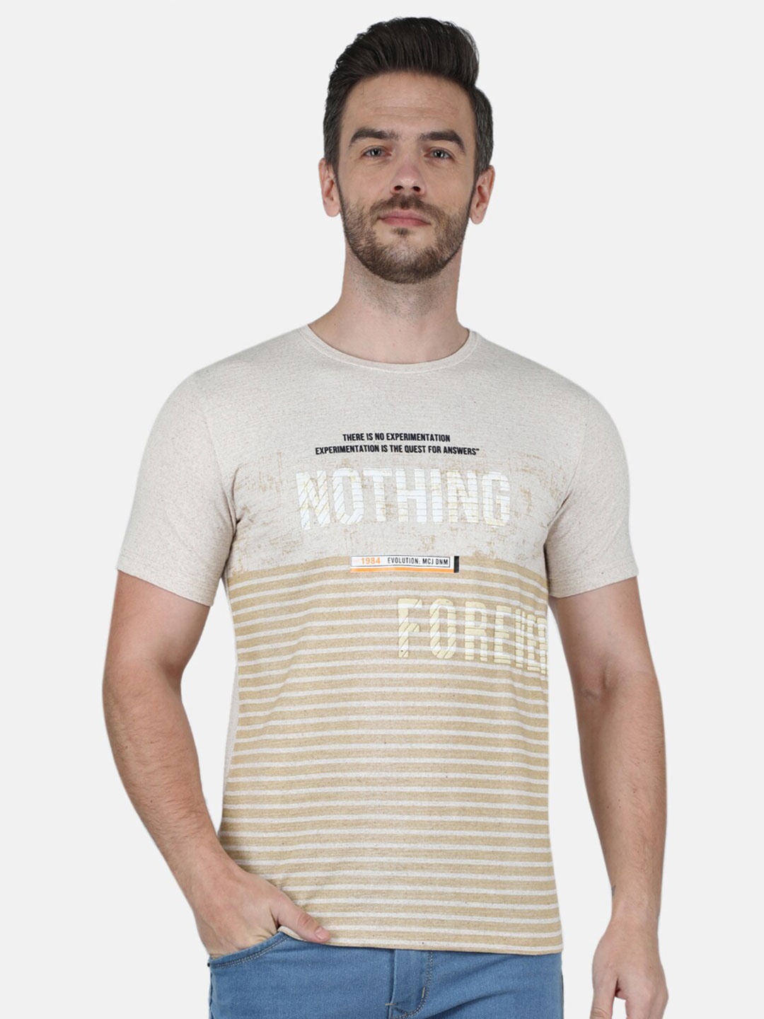 

Monte Carlo Men Beige Striped Slim Fit Cotton T-shirt