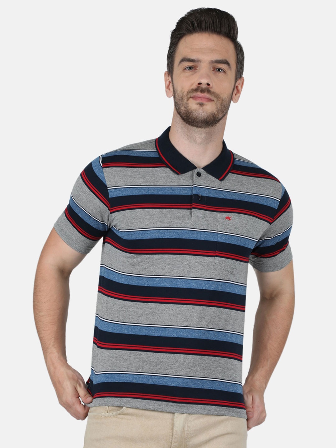 

Monte Carlo Men Grey & Blue Striped Polo Collar Cotton T-shirt