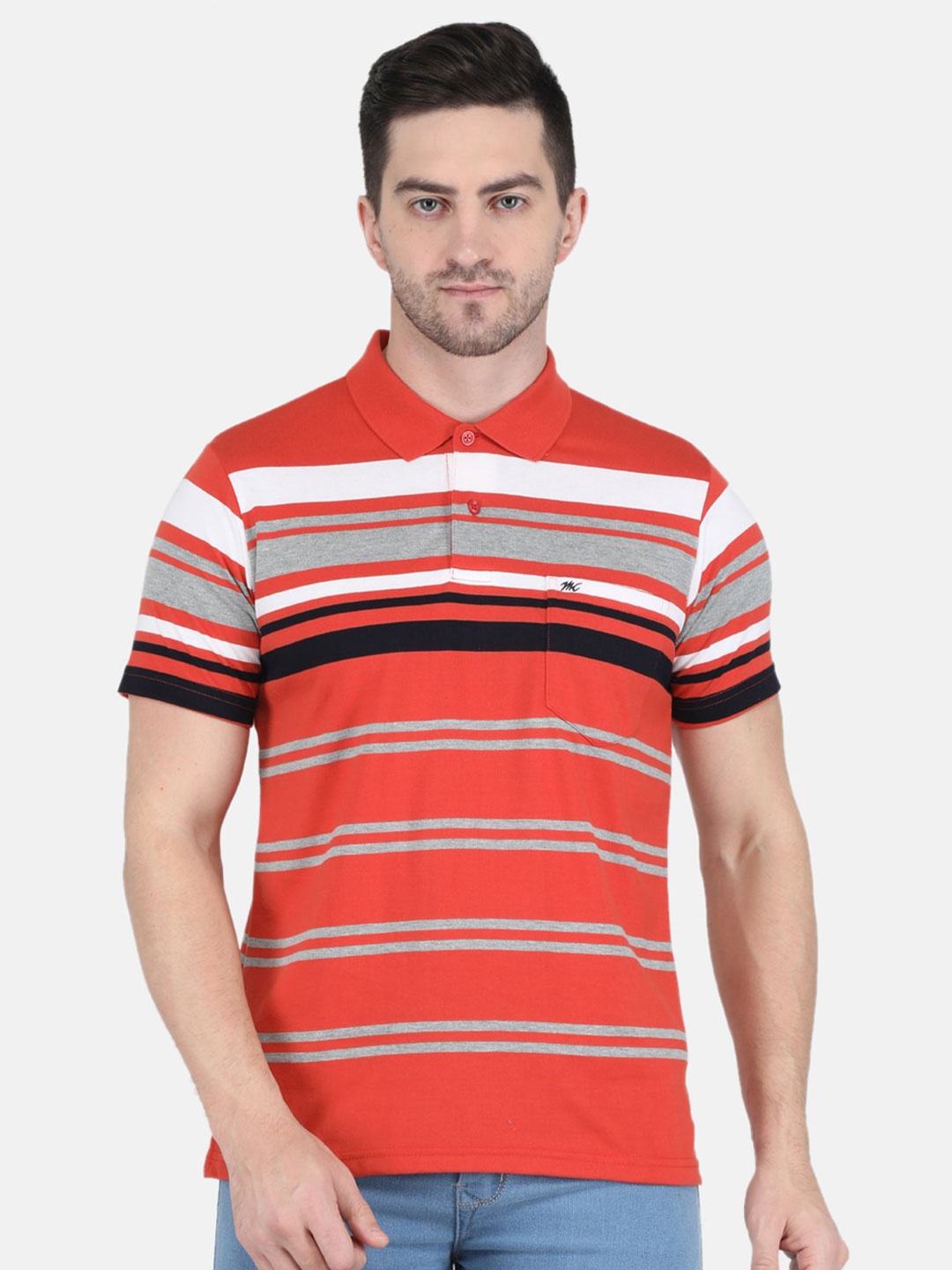 

Monte Carlo Men Orange & Grey Striped Polo Collar Cotton T-shirt