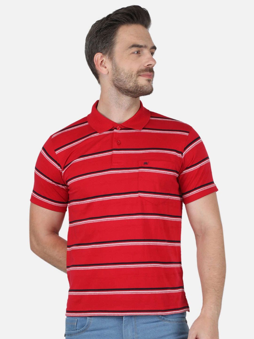

Monte Carlo Men Red & Black Striped Polo Collar Cotton T-shirt