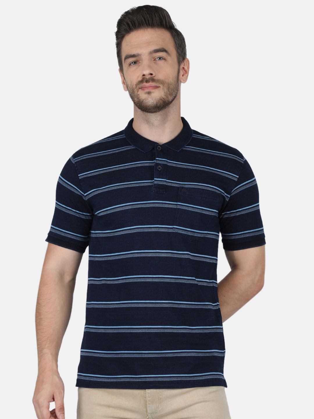 

Monte Carlo Men Navy Blue & Blue Striped Polo Collar Cotton T-shirt