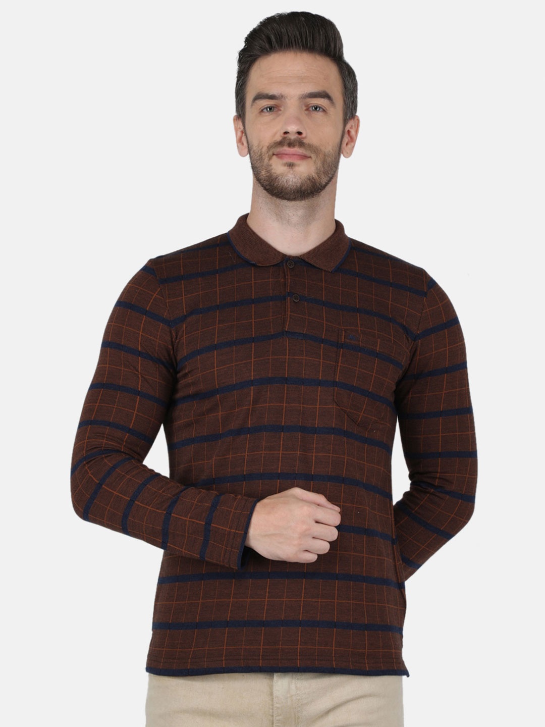

Monte Carlo Men Coffee Brown & Navy Blue Striped Polo Collar Cotton T-shirt