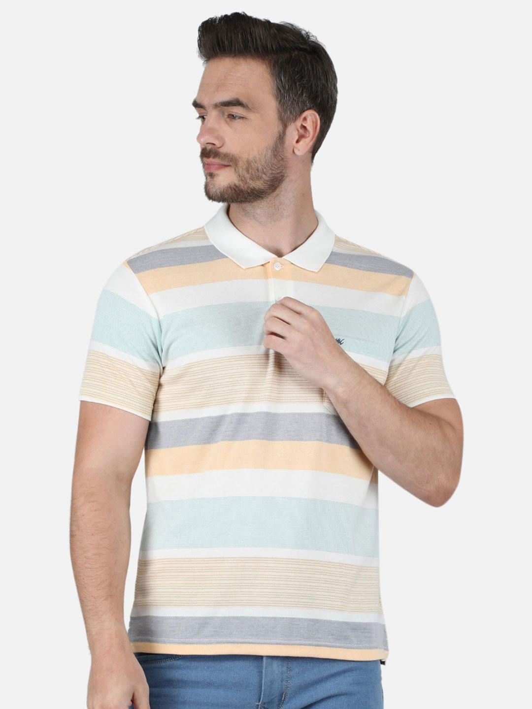 

Monte Carlo Men Off White & Grey Striped Polo Collar Cotton T-shirt