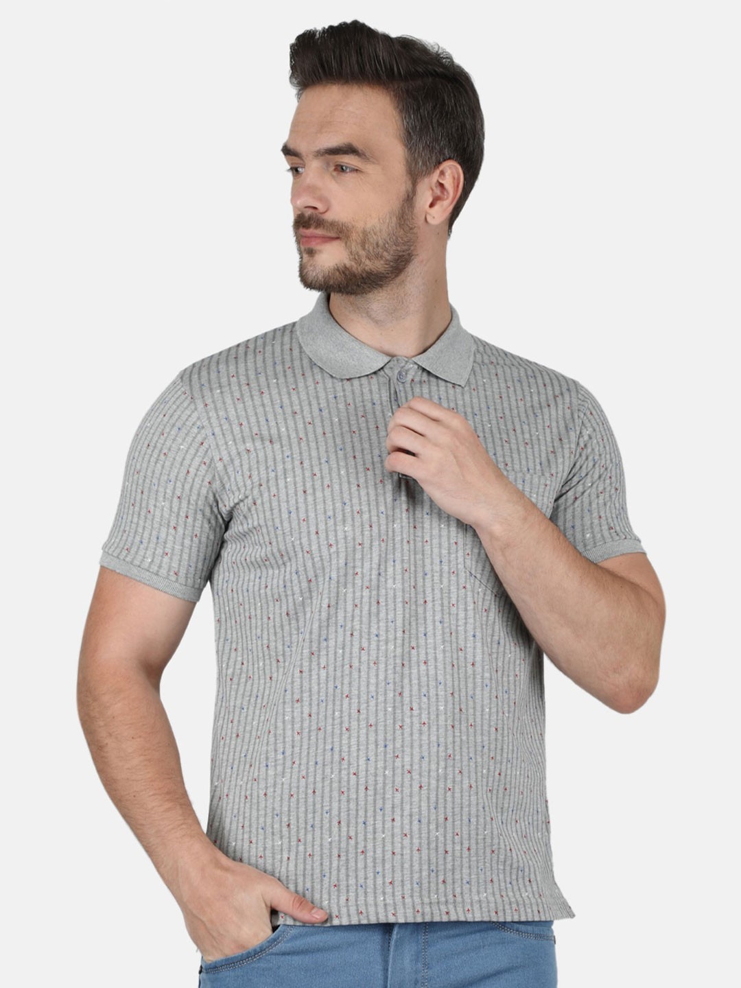 

Monte Carlo Men Grey Cotton Printed Polo Collar T-shirt