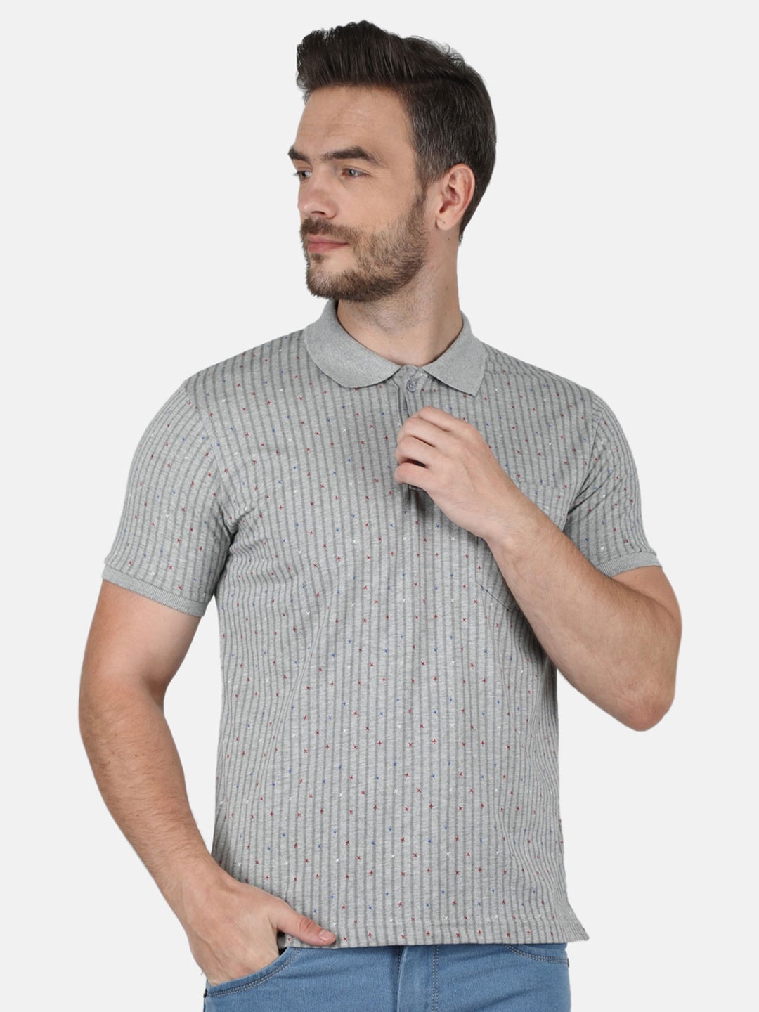 

Monte Carlo Men Grey Cotton Printed Polo Collar T-shirt