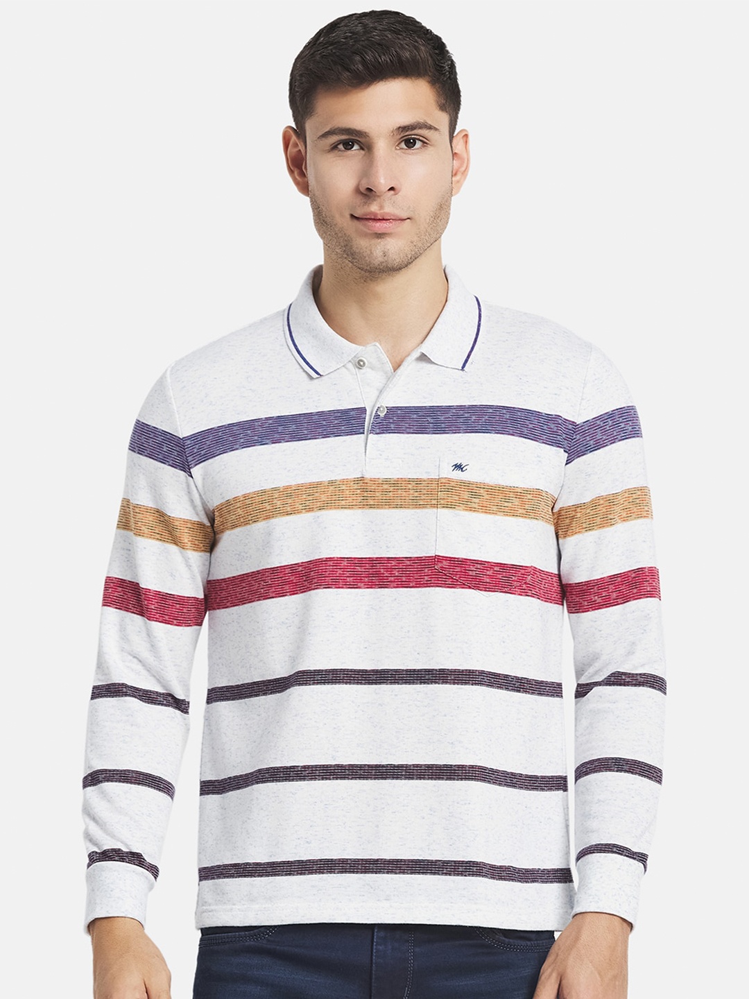 

Monte Carlo Men White Cotton Striped Polo Collar T-shirt