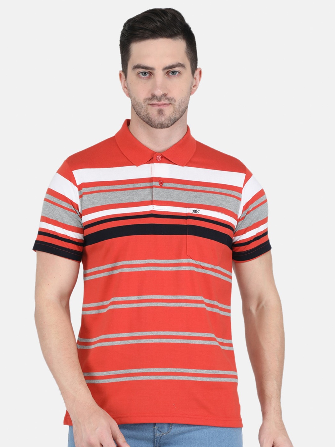 

Monte Carlo Men Rust Cotton Striped Polo Collar T-shirt