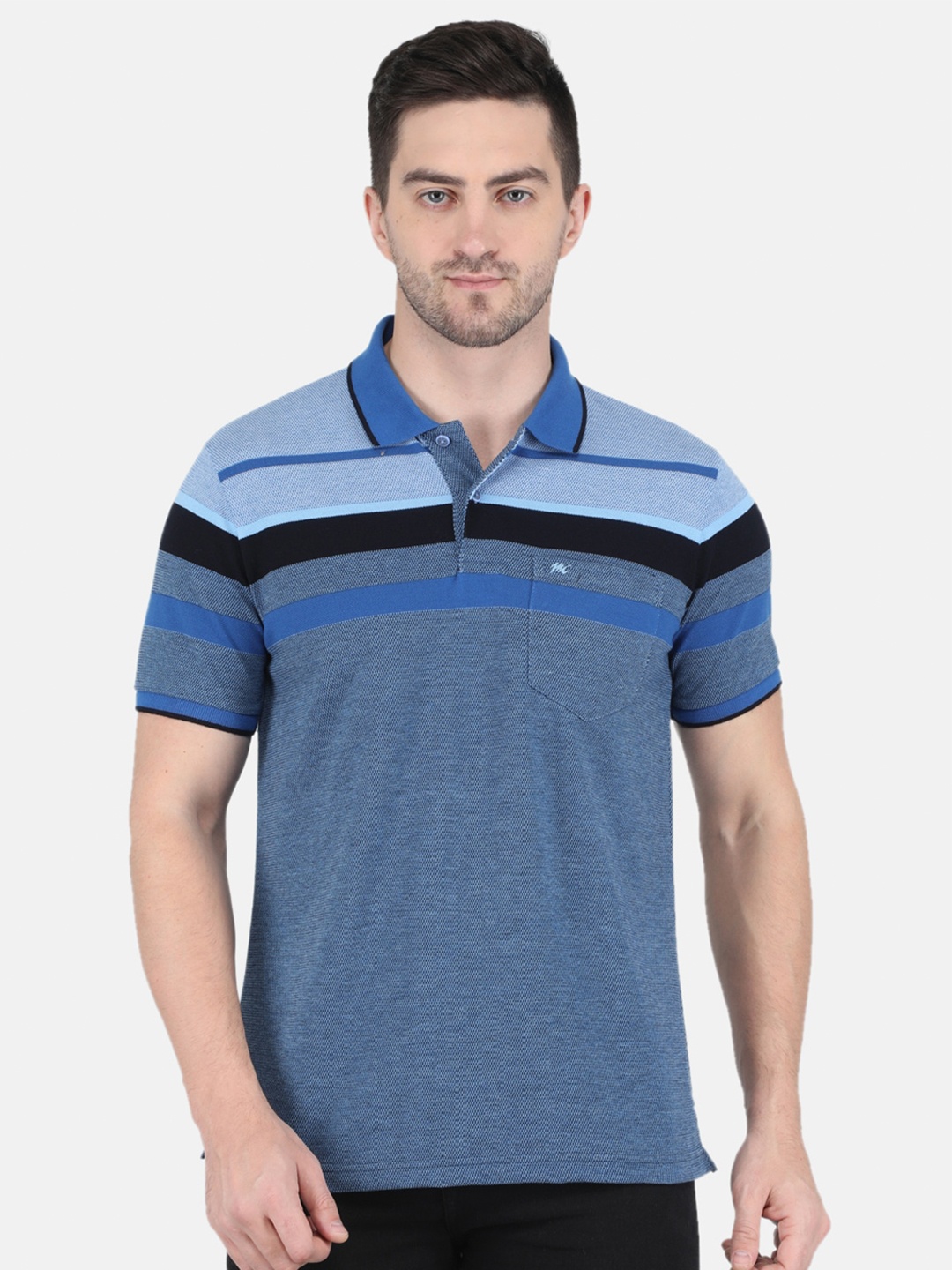 

Monte Carlo Men Blue Cotton Striped Polo Collar T-shirt