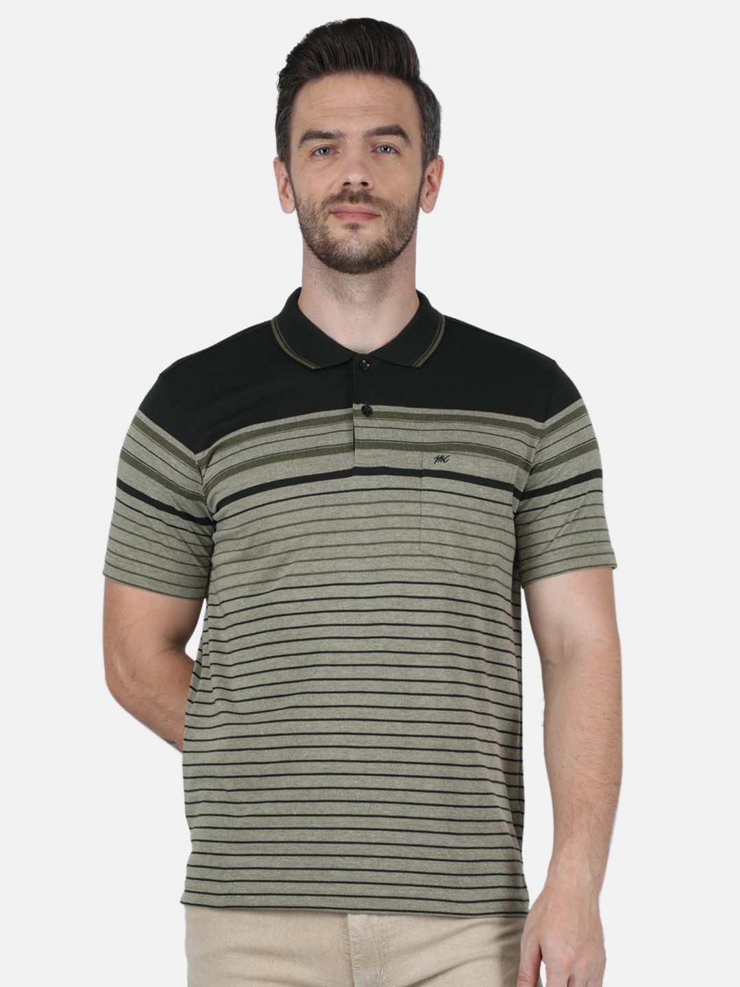 

Monte Carlo Men Olive Green Cotton Striped Polo Collar T-shirt