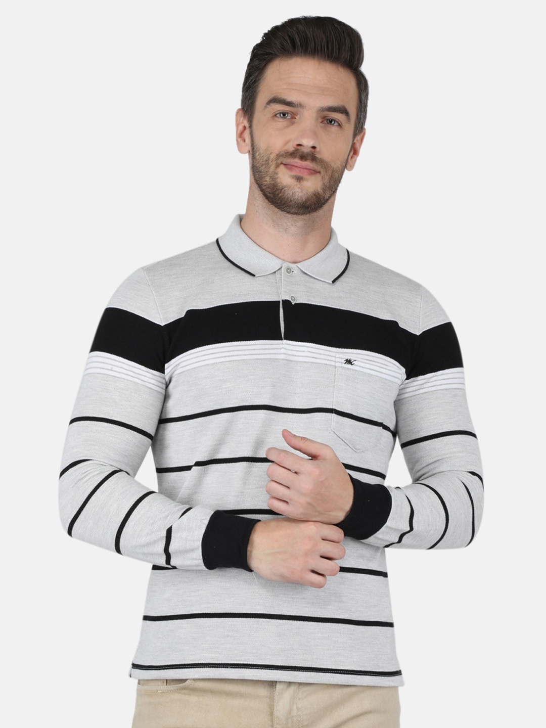 

Monte Carlo Men Grey Cotton Striped Polo Collar T-shirt