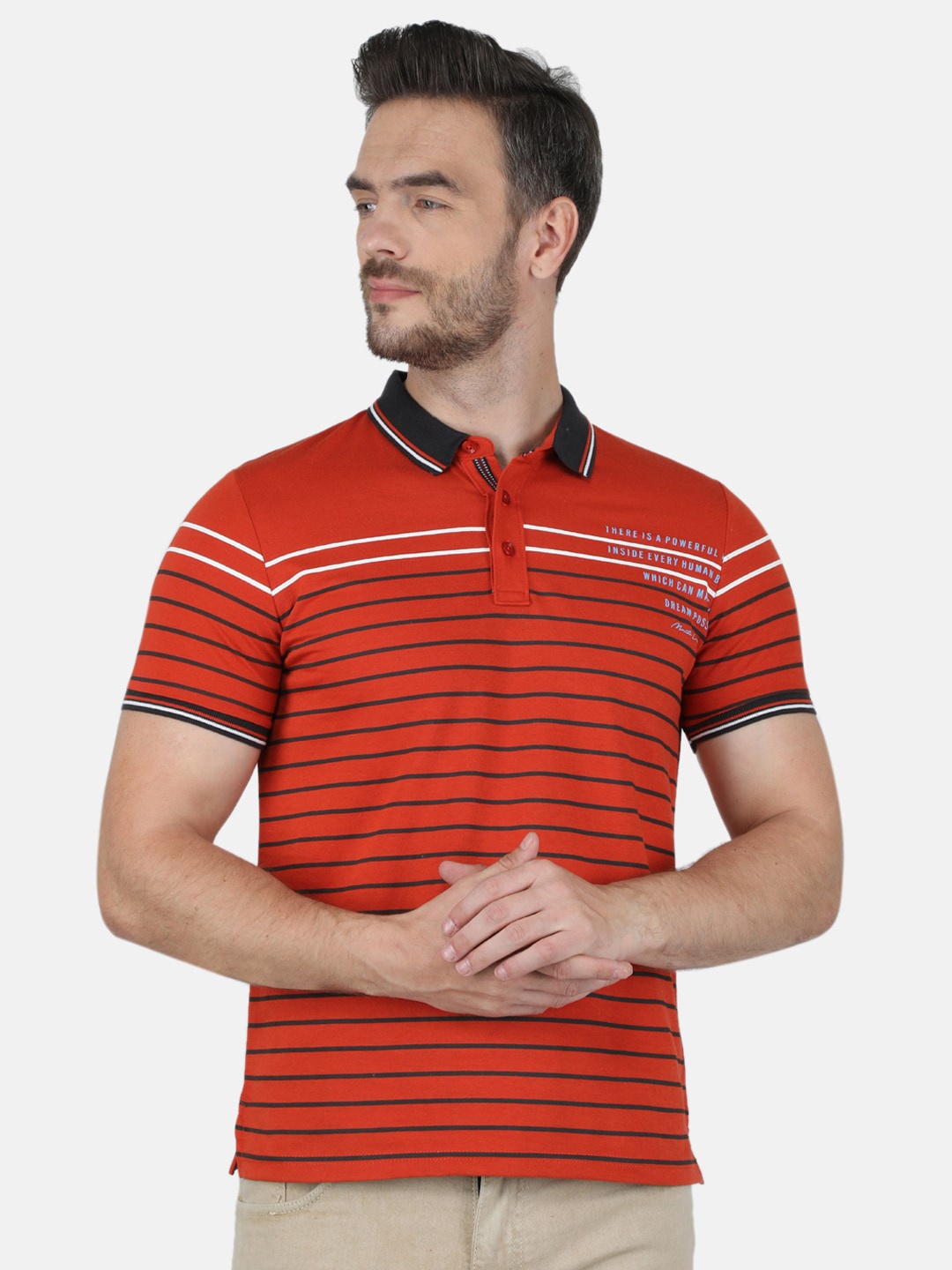 

Monte Carlo Men Rust Cotton Striped Polo Collar T-shirt