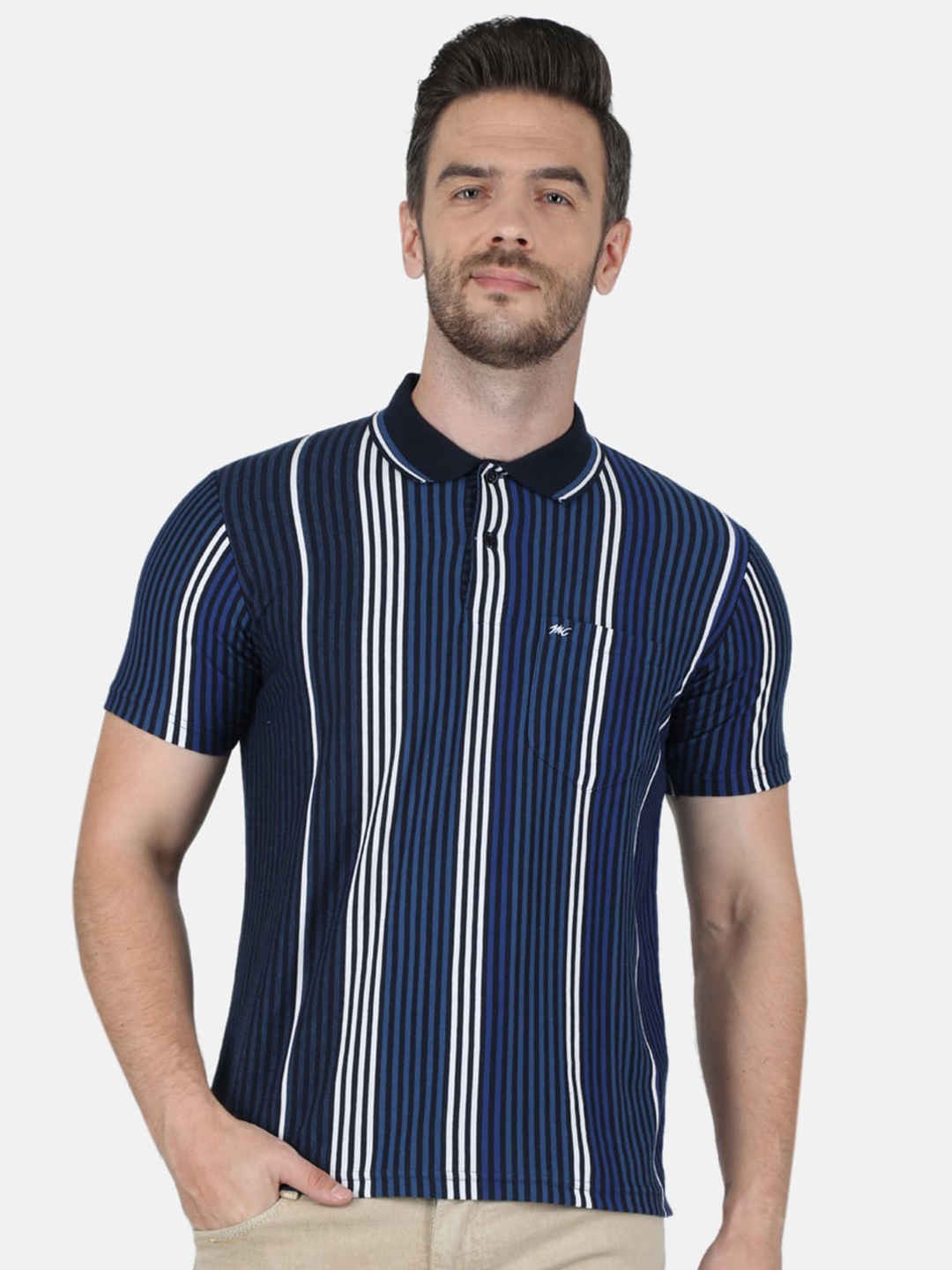 

Monte Carlo Men Navy Blue Cotton Striped Polo Collar T-shirt