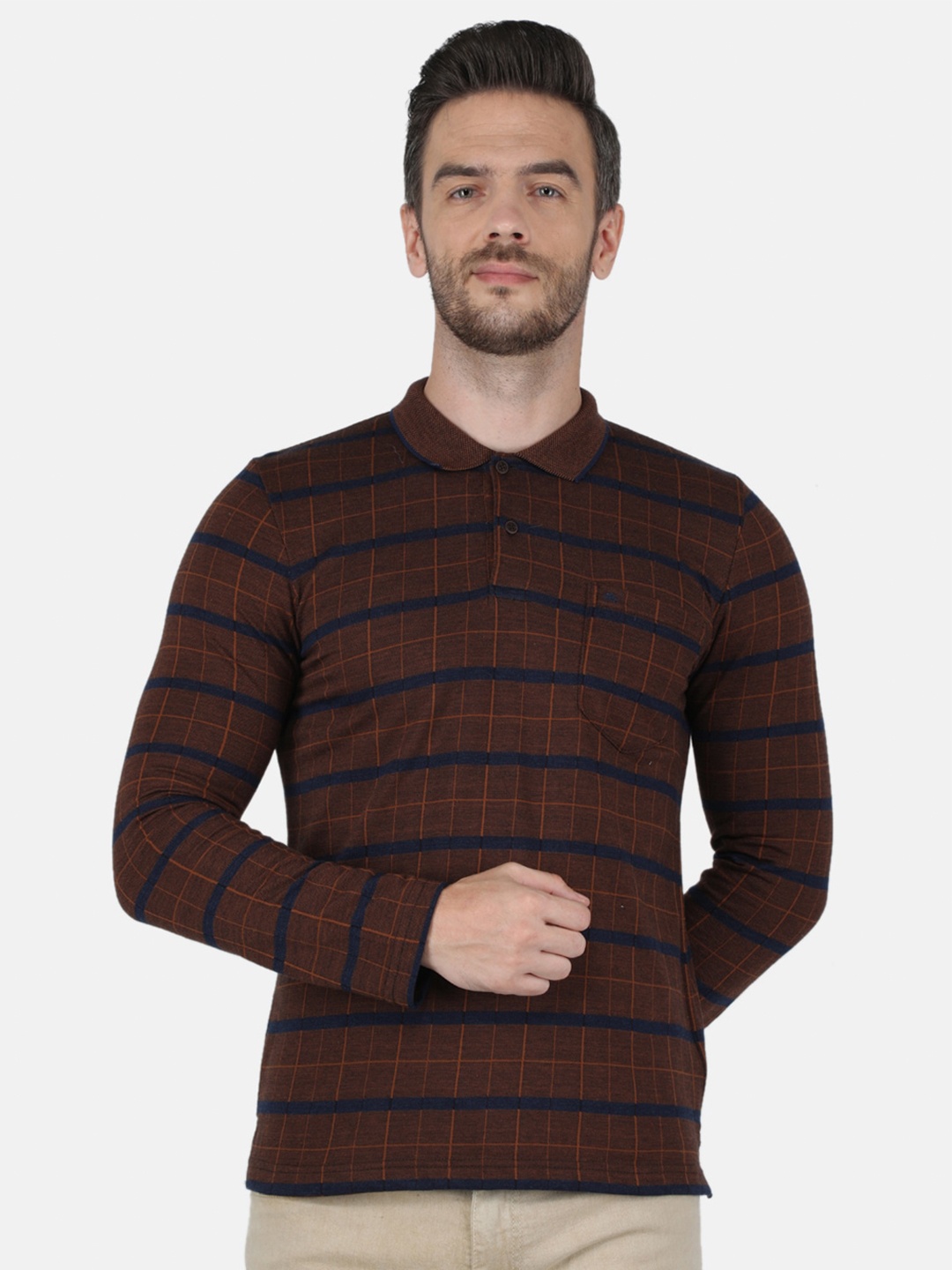 

Monte Carlo Men Brown Cotton Striped Polo Collar T-shirt